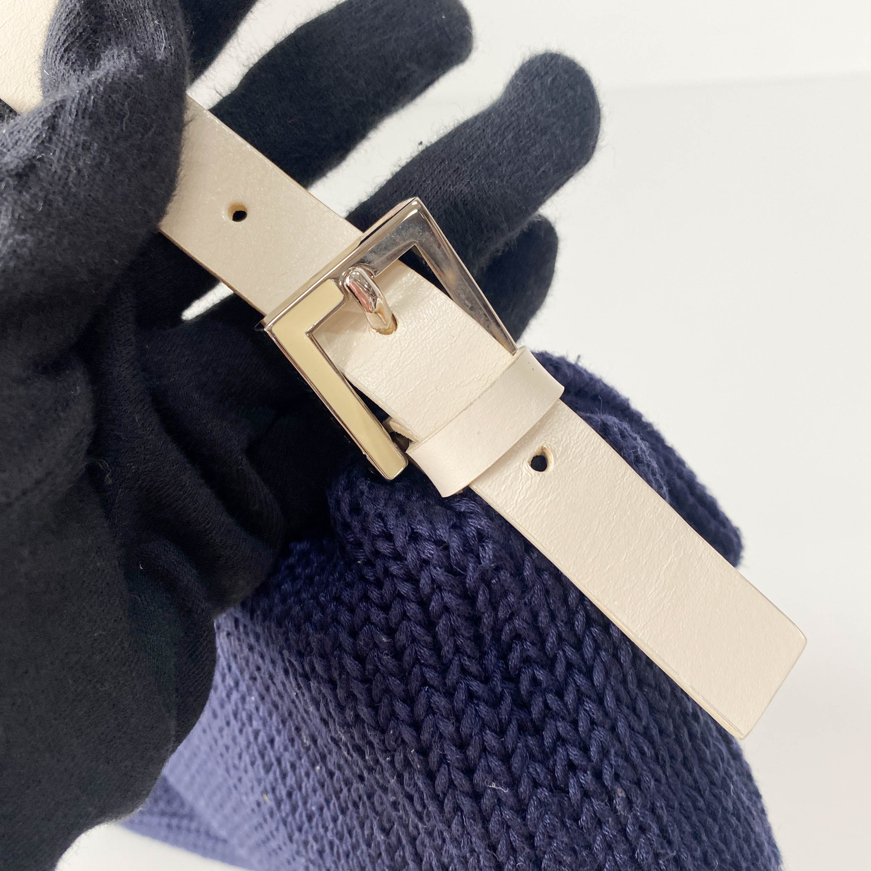 Baguette Navy Blue Wool with White Handle and Logo Shoulder Bag