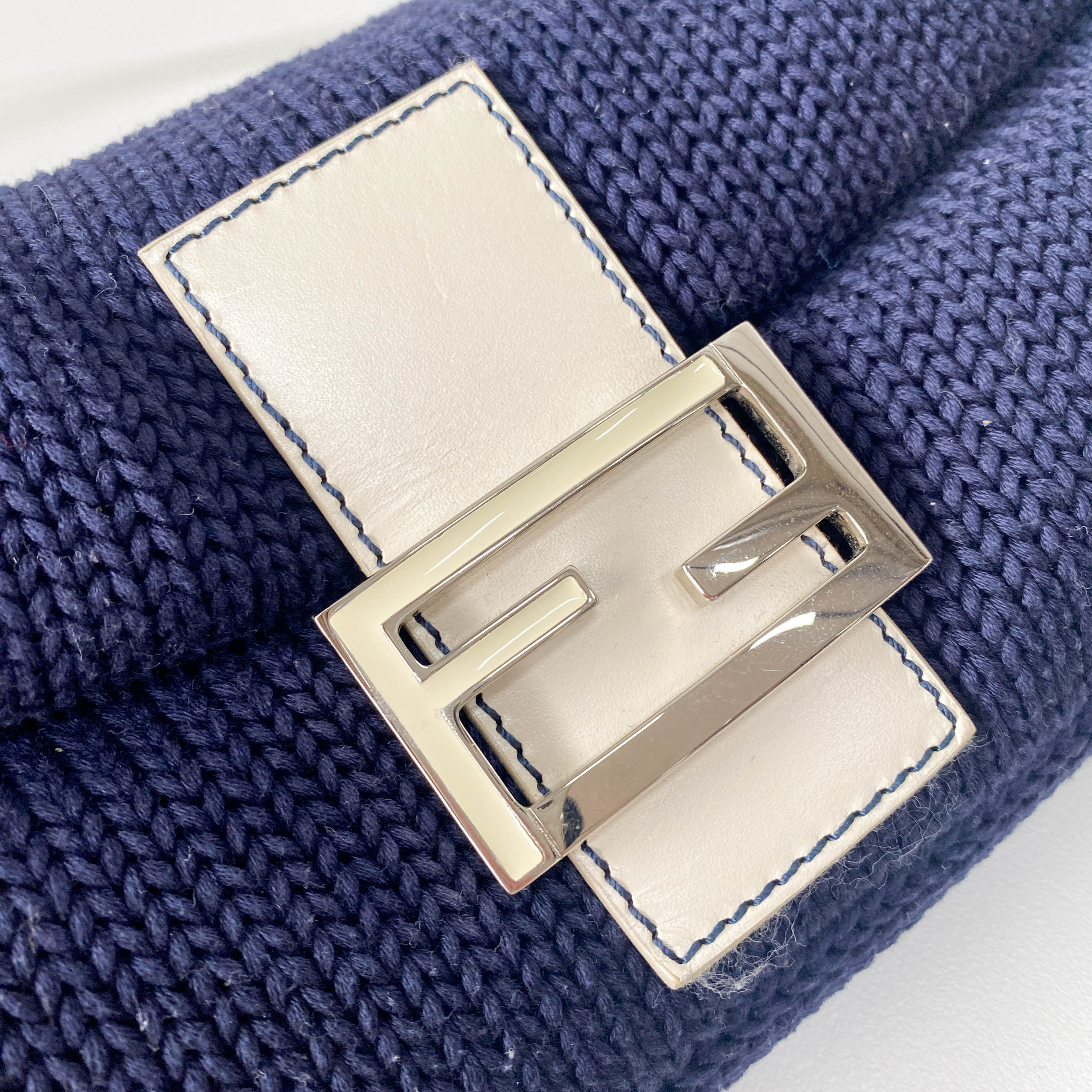 Baguette Navy Blue Wool with White Handle and Logo Shoulder Bag