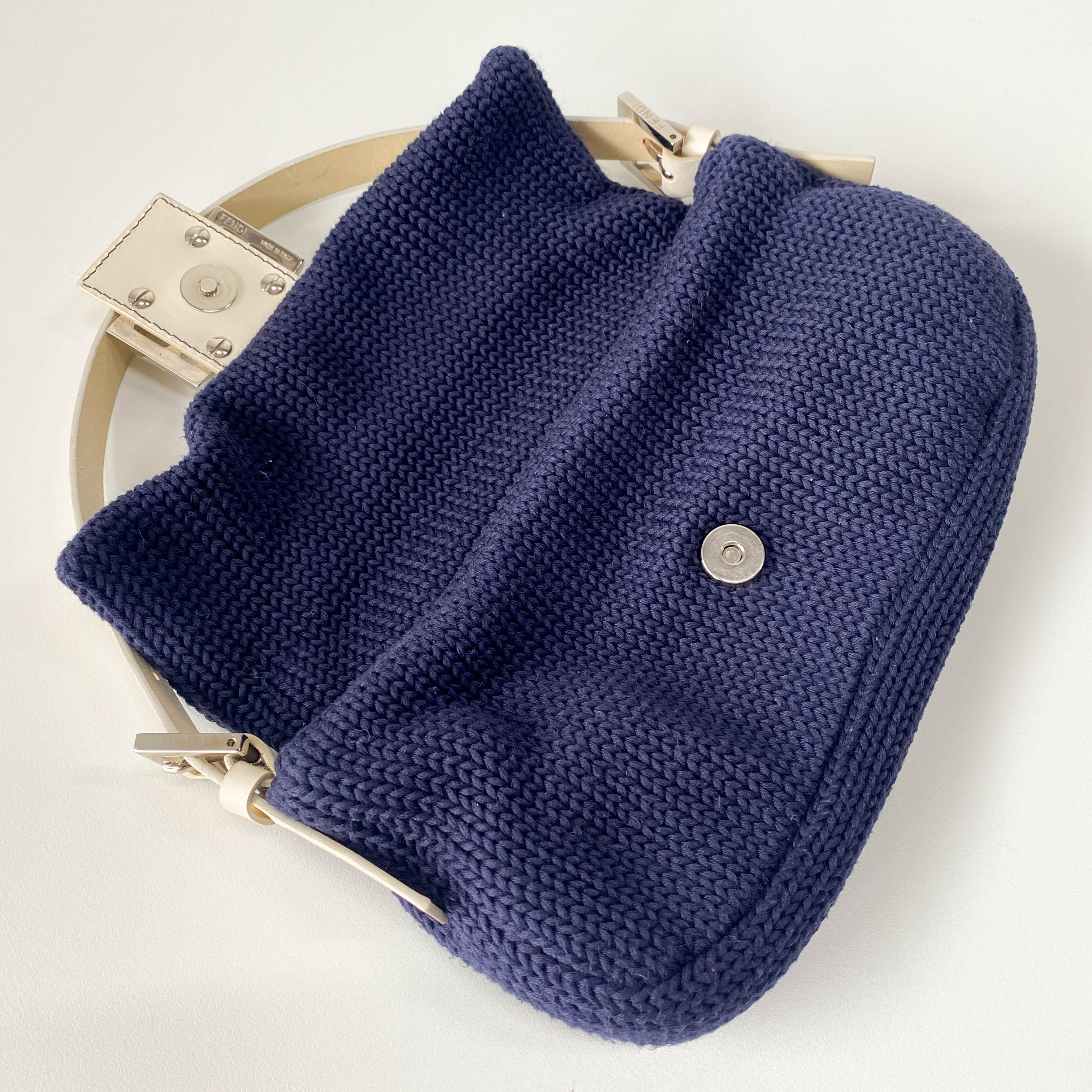 Baguette Navy Blue Wool with White Handle and Logo Shoulder Bag