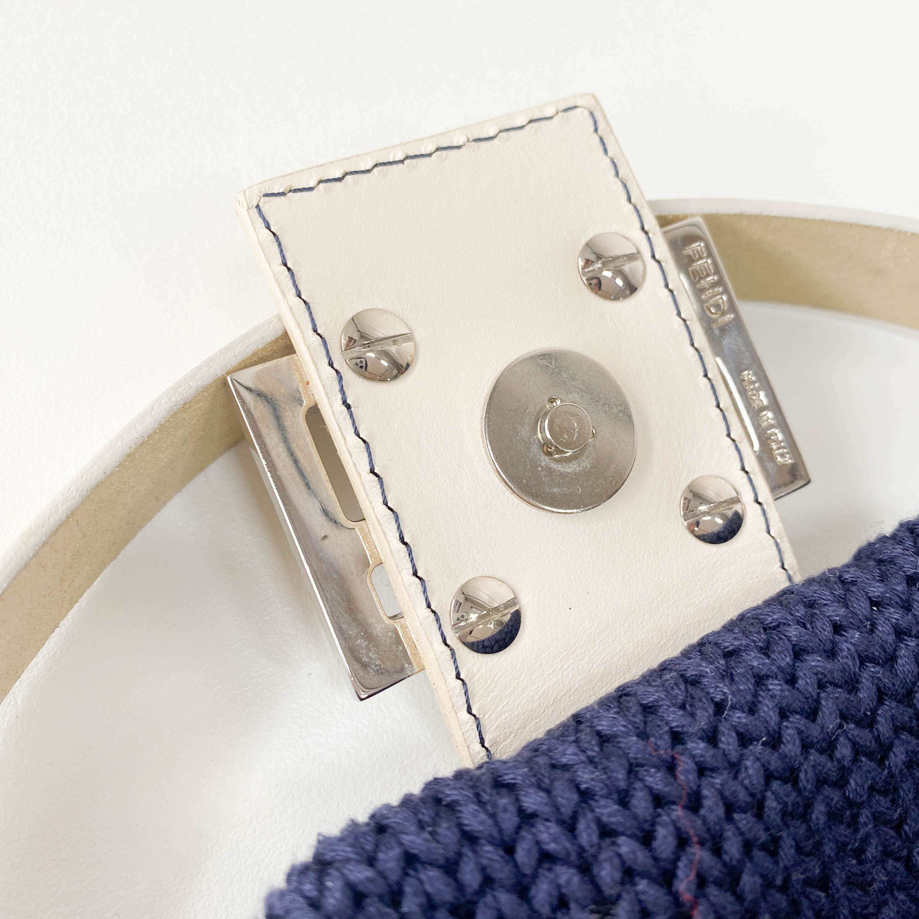 Baguette Navy Blue Wool with White Handle and Logo Shoulder Bag