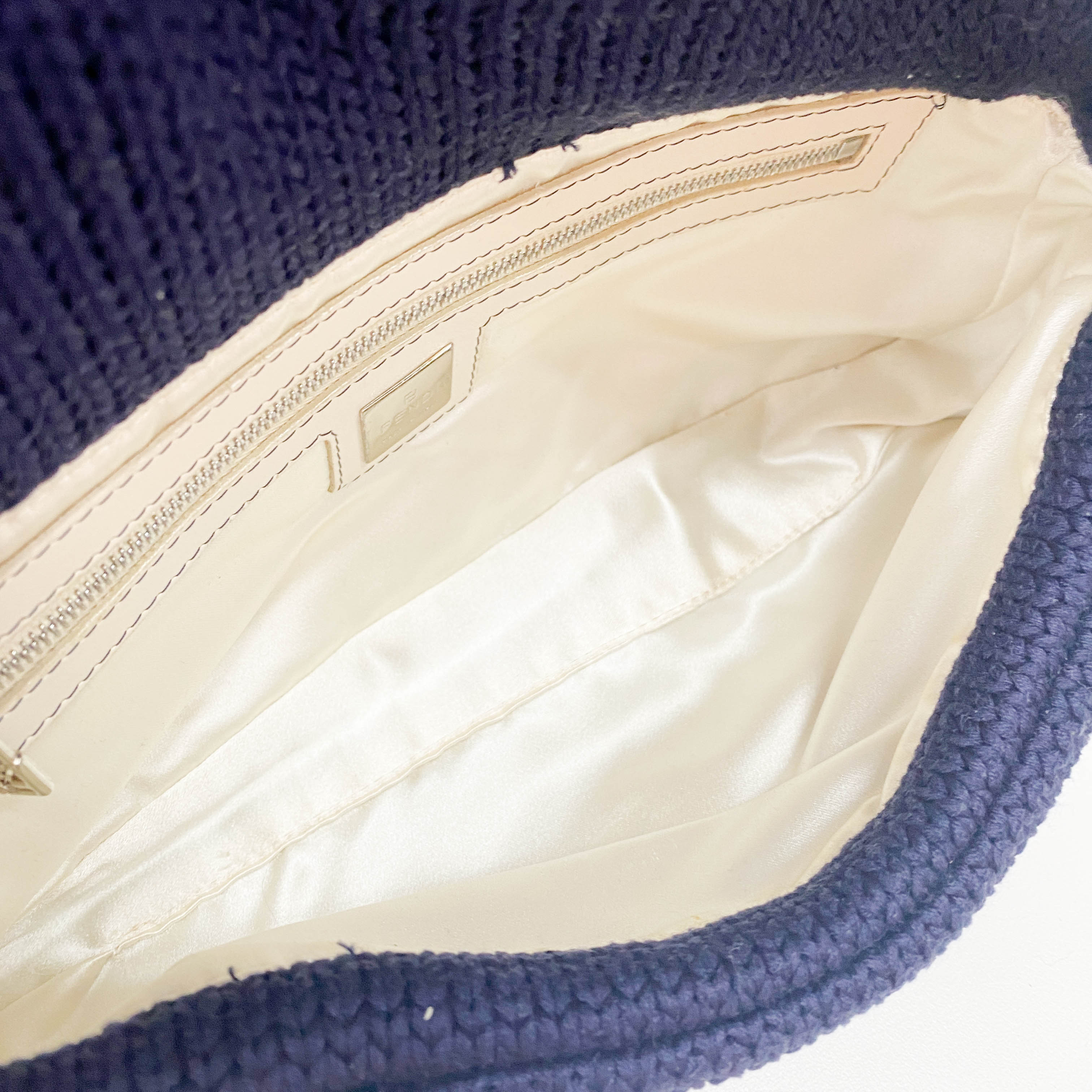 Baguette Navy Blue Wool with White Handle and Logo Shoulder Bag