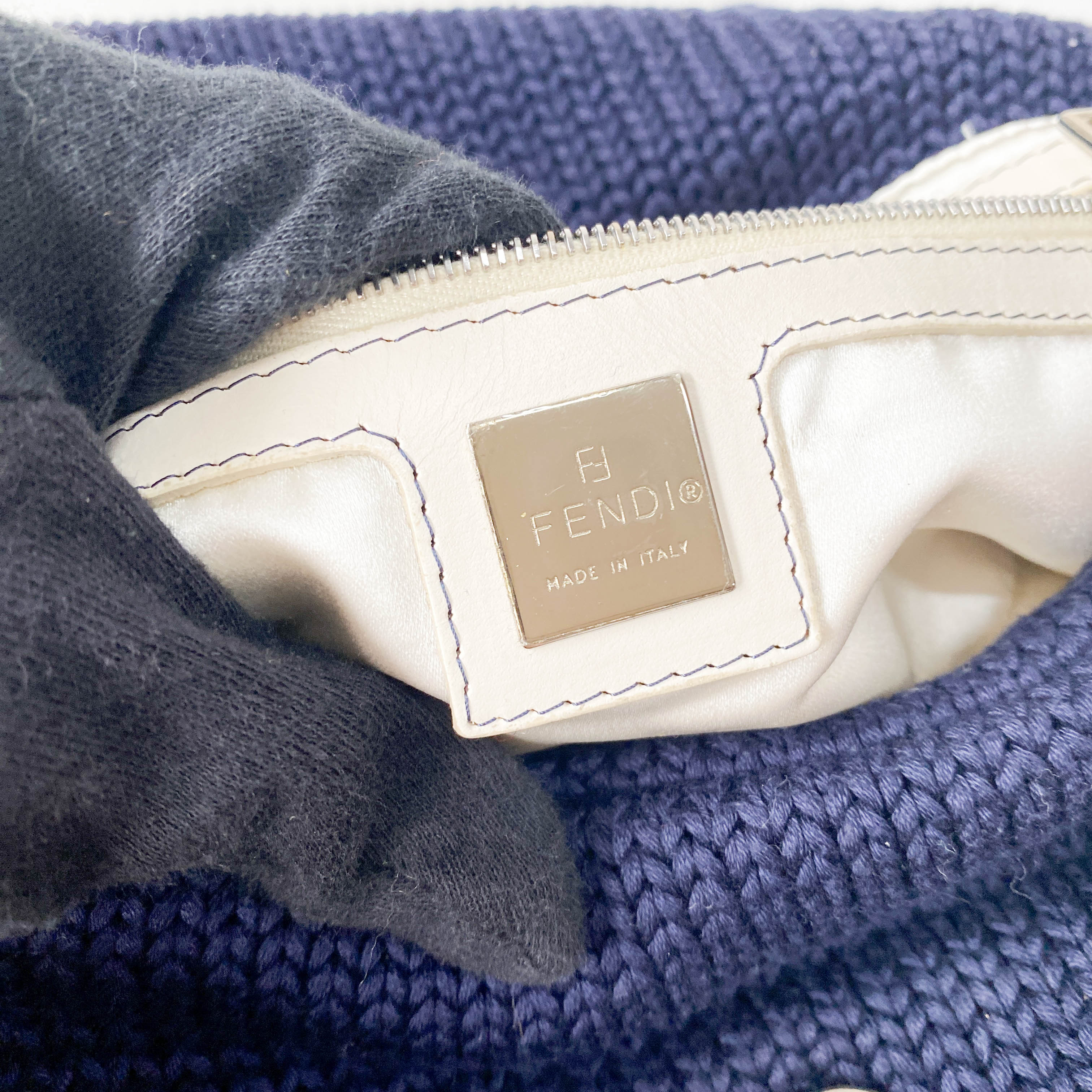 Baguette Navy Blue Wool with White Handle and Logo Shoulder Bag