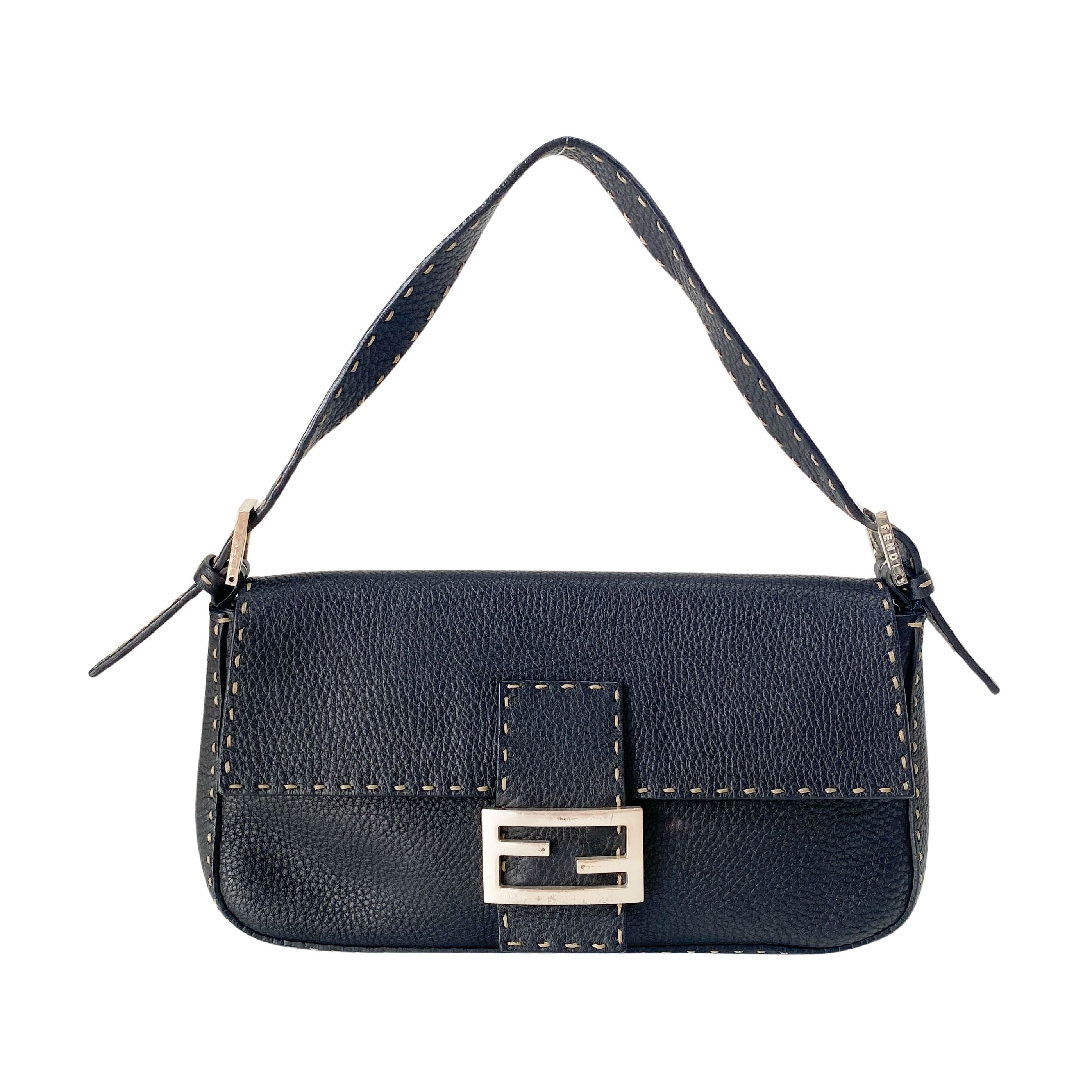 Selleria Baguette Black Grained Calfskin Leather Shoulder Bag