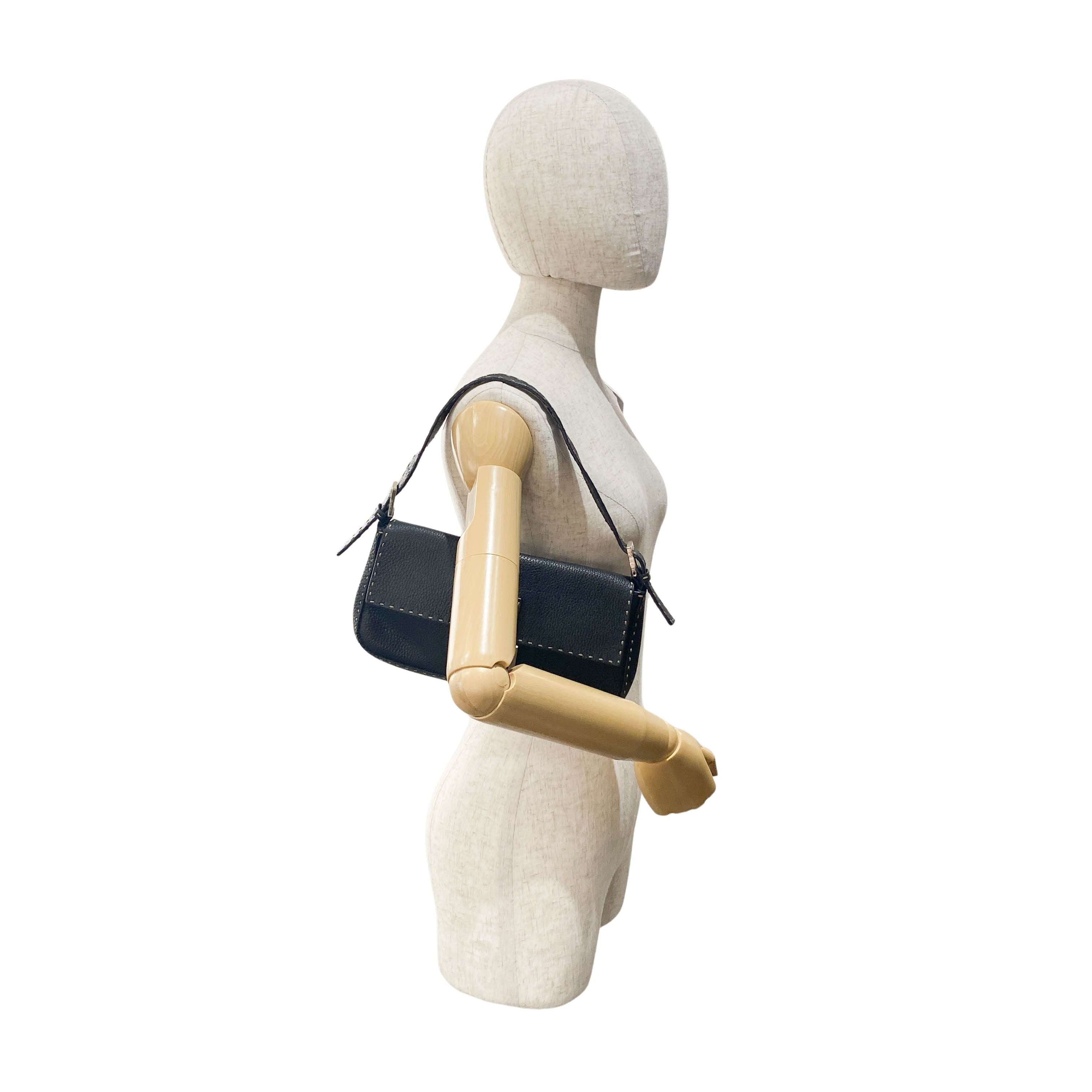 Selleria Baguette Black Grained Calfskin Leather Shoulder Bag