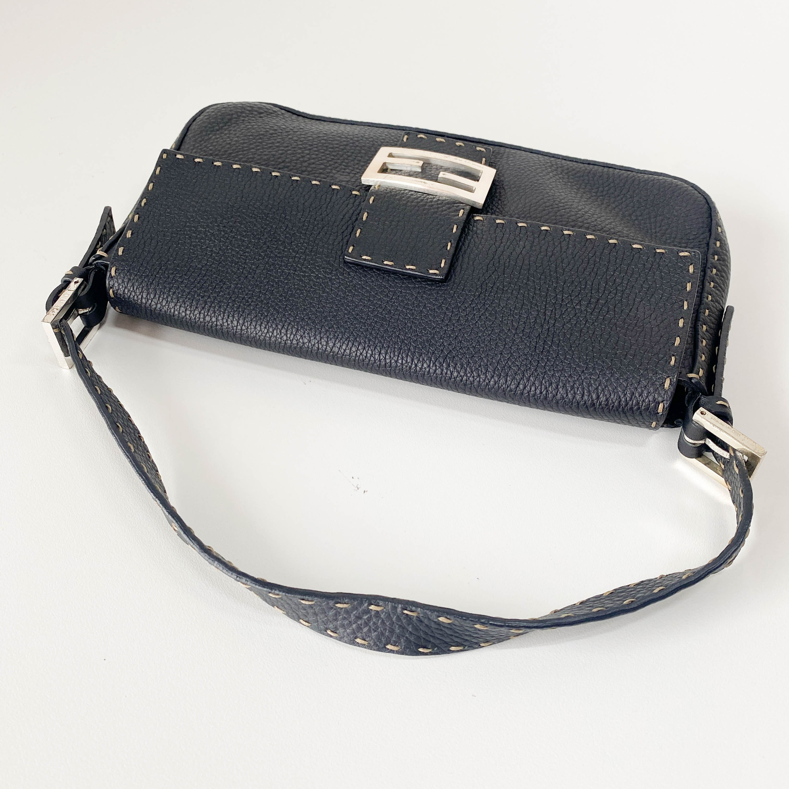 Selleria Baguette Black Grained Calfskin Leather Shoulder Bag