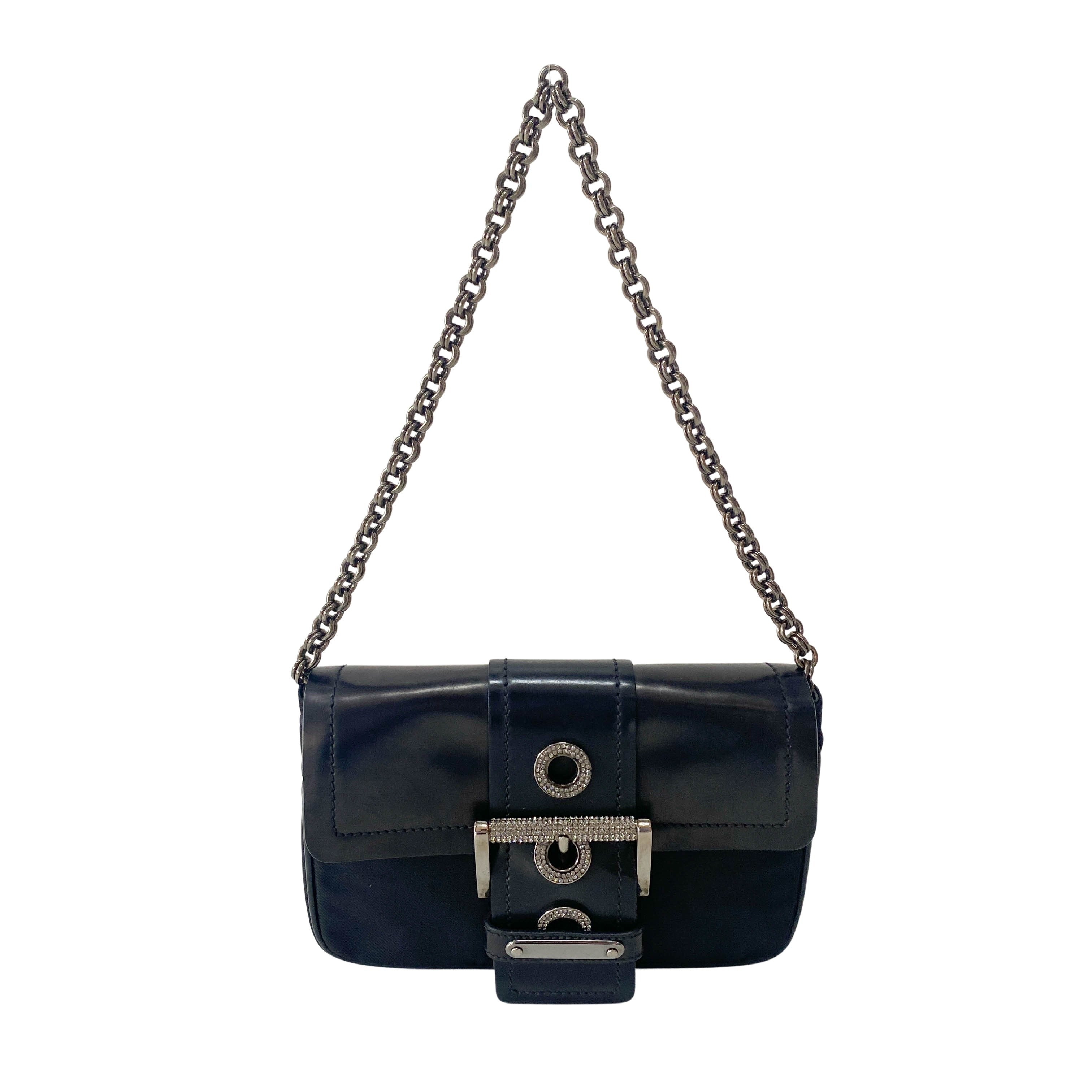 Black Leather and Nylon Chain Shoulder Bag with Rhinestone Hardware