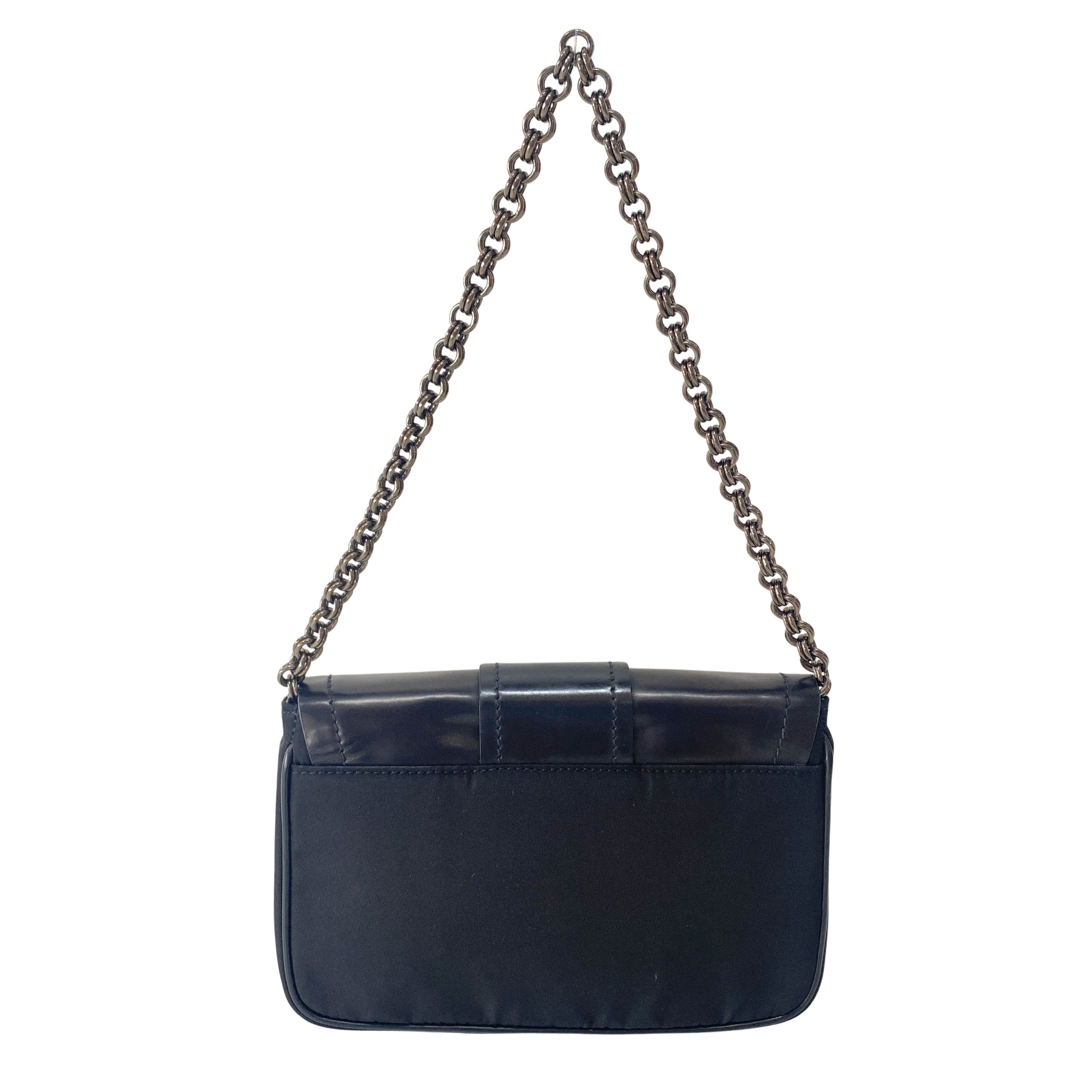 Black Leather and Nylon Chain Shoulder Bag with Rhinestone Hardware