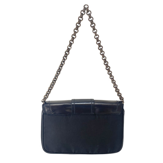 Black Leather and Nylon Chain Shoulder Bag with Rhinestone Hardware