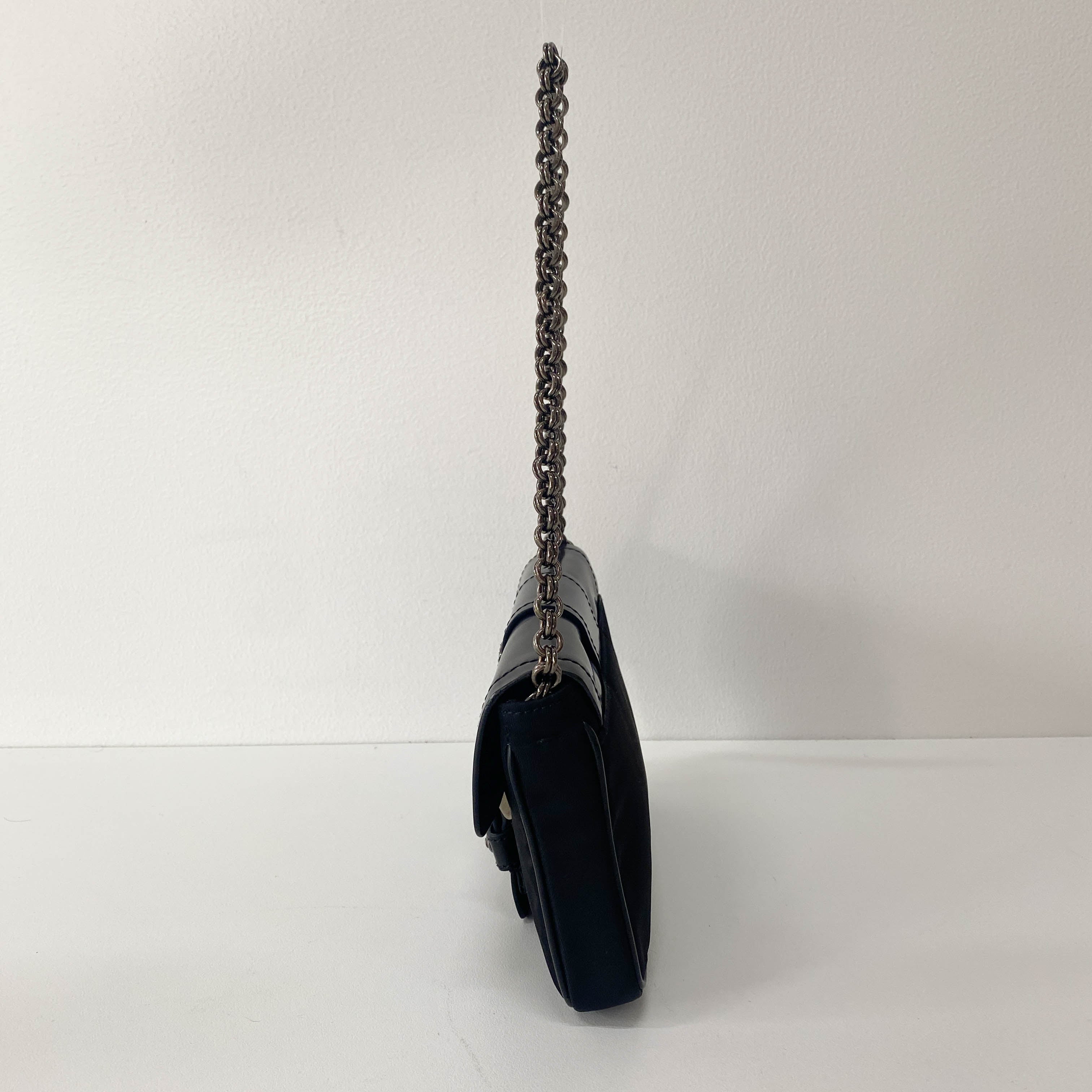 Black Leather and Nylon Chain Shoulder Bag with Rhinestone Hardware