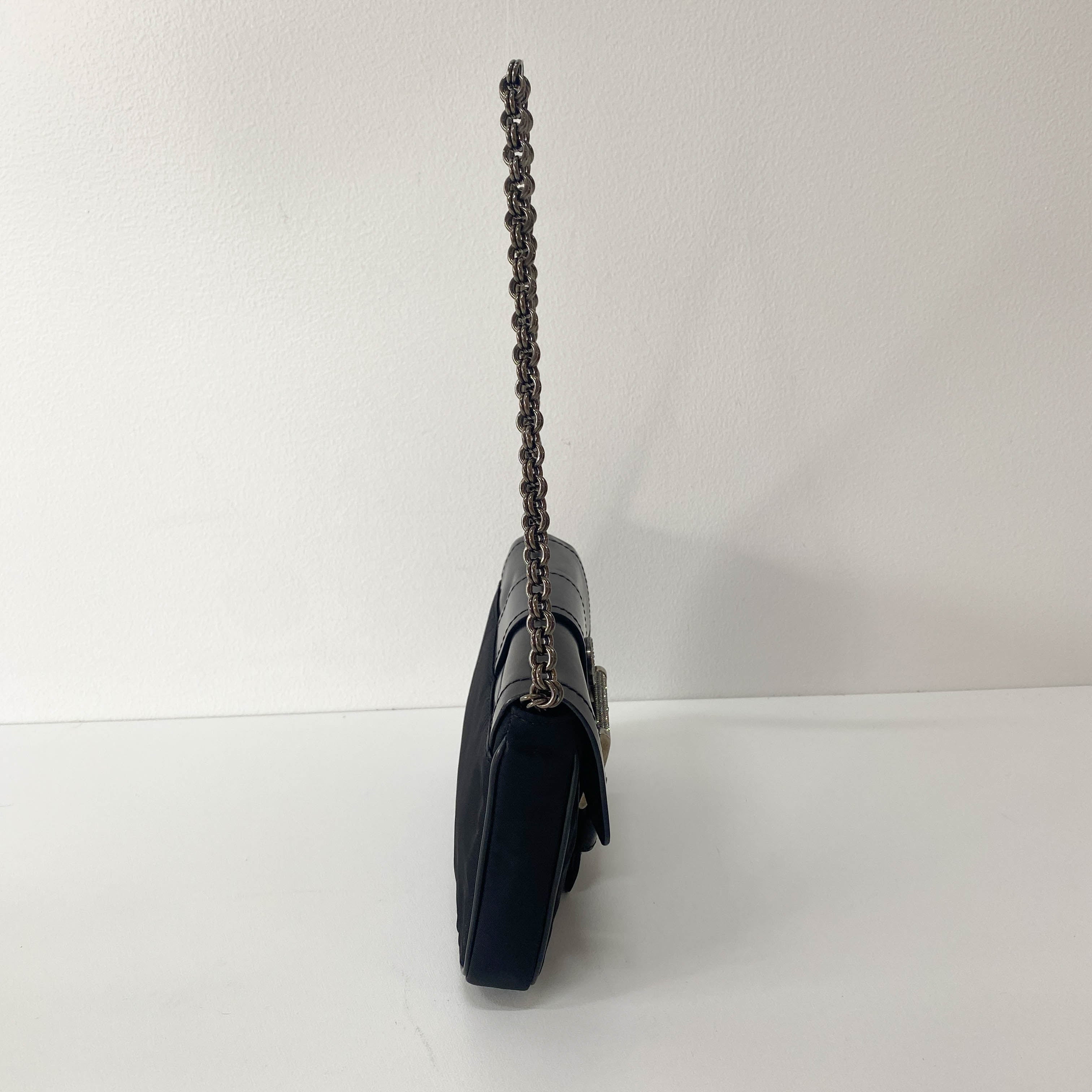 Black Leather and Nylon Chain Shoulder Bag with Rhinestone Hardware