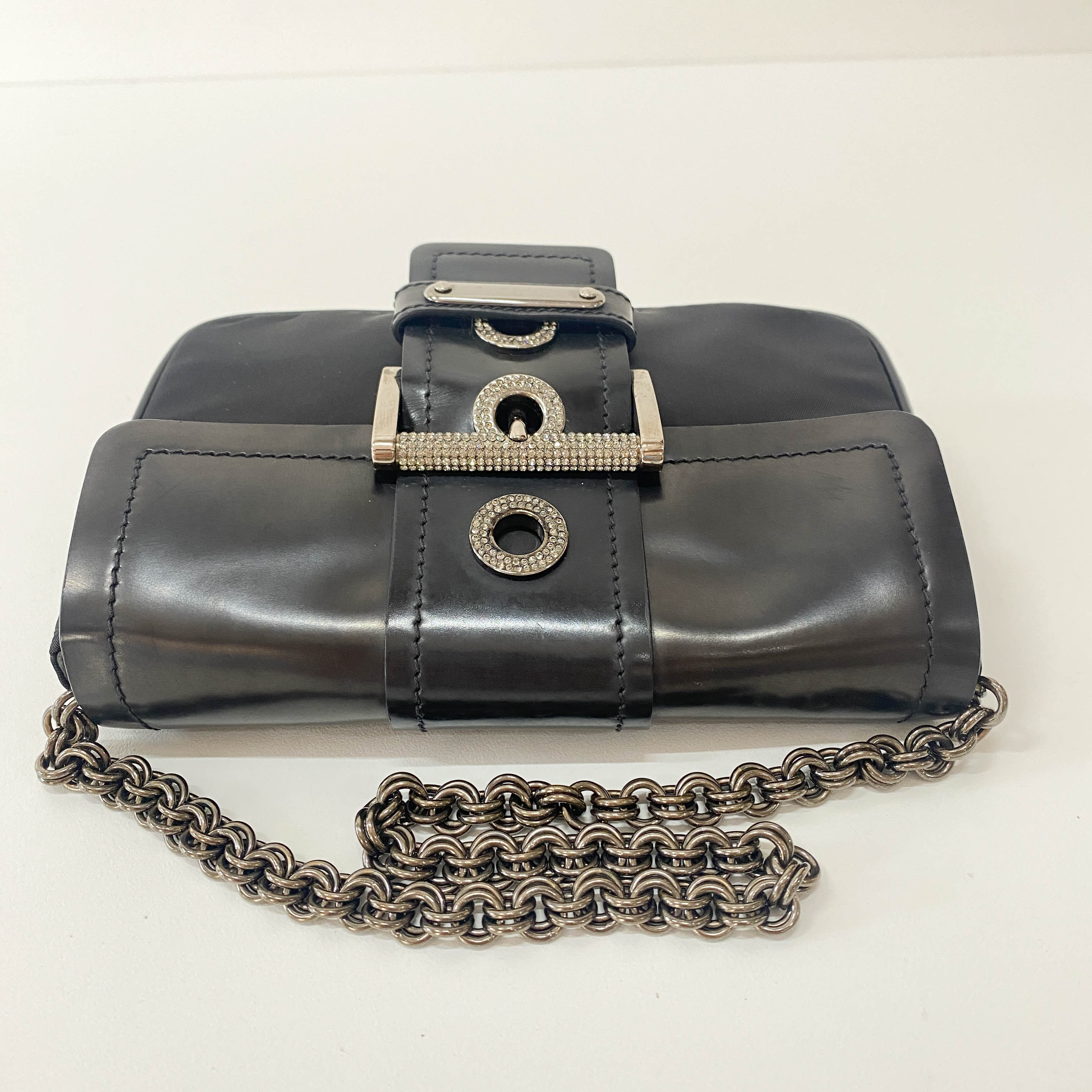 Black Leather and Nylon Chain Shoulder Bag with Rhinestone Hardware