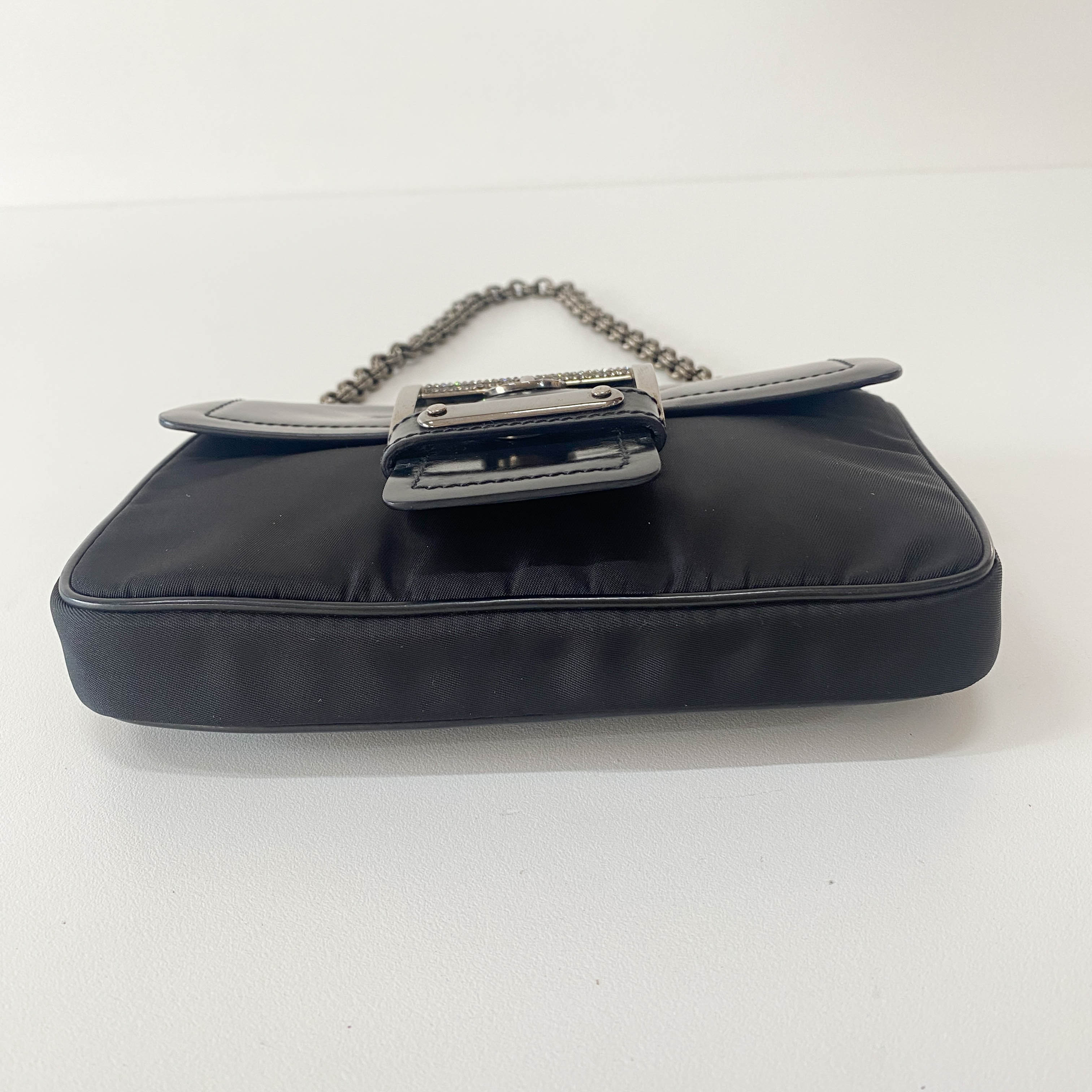 Black Leather and Nylon Chain Shoulder Bag with Rhinestone Hardware