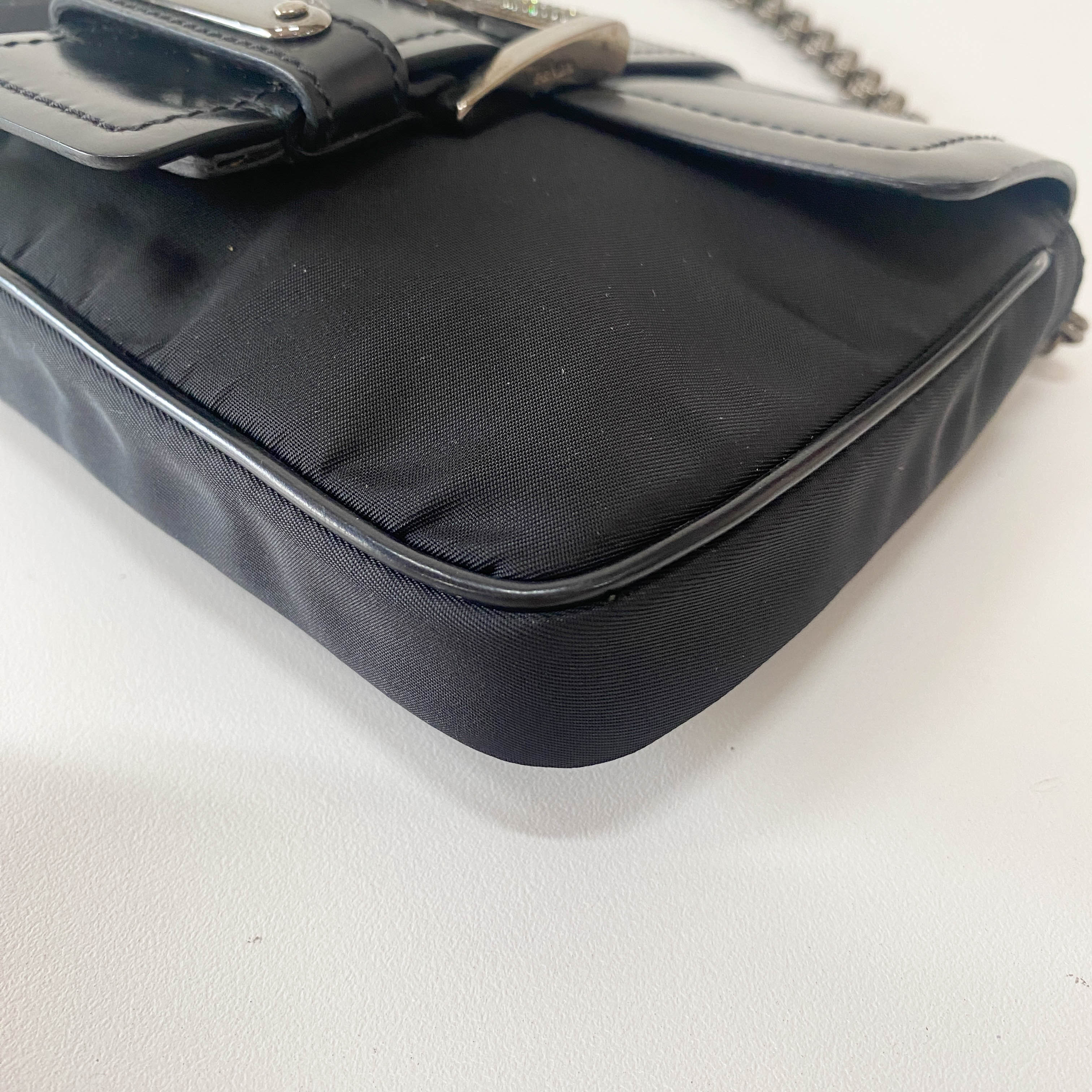 Black Leather and Nylon Chain Shoulder Bag with Rhinestone Hardware