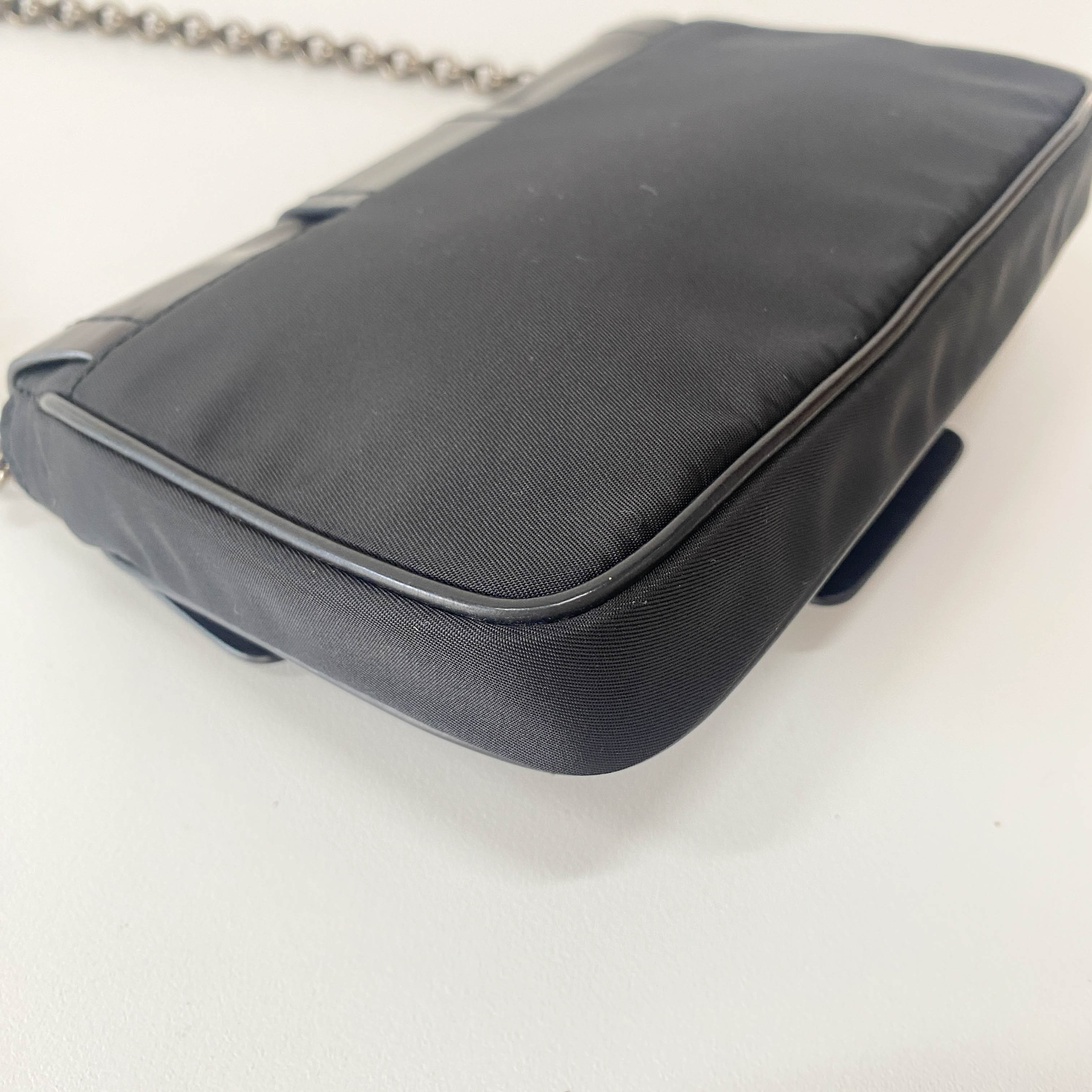 Black Leather and Nylon Chain Shoulder Bag with Rhinestone Hardware