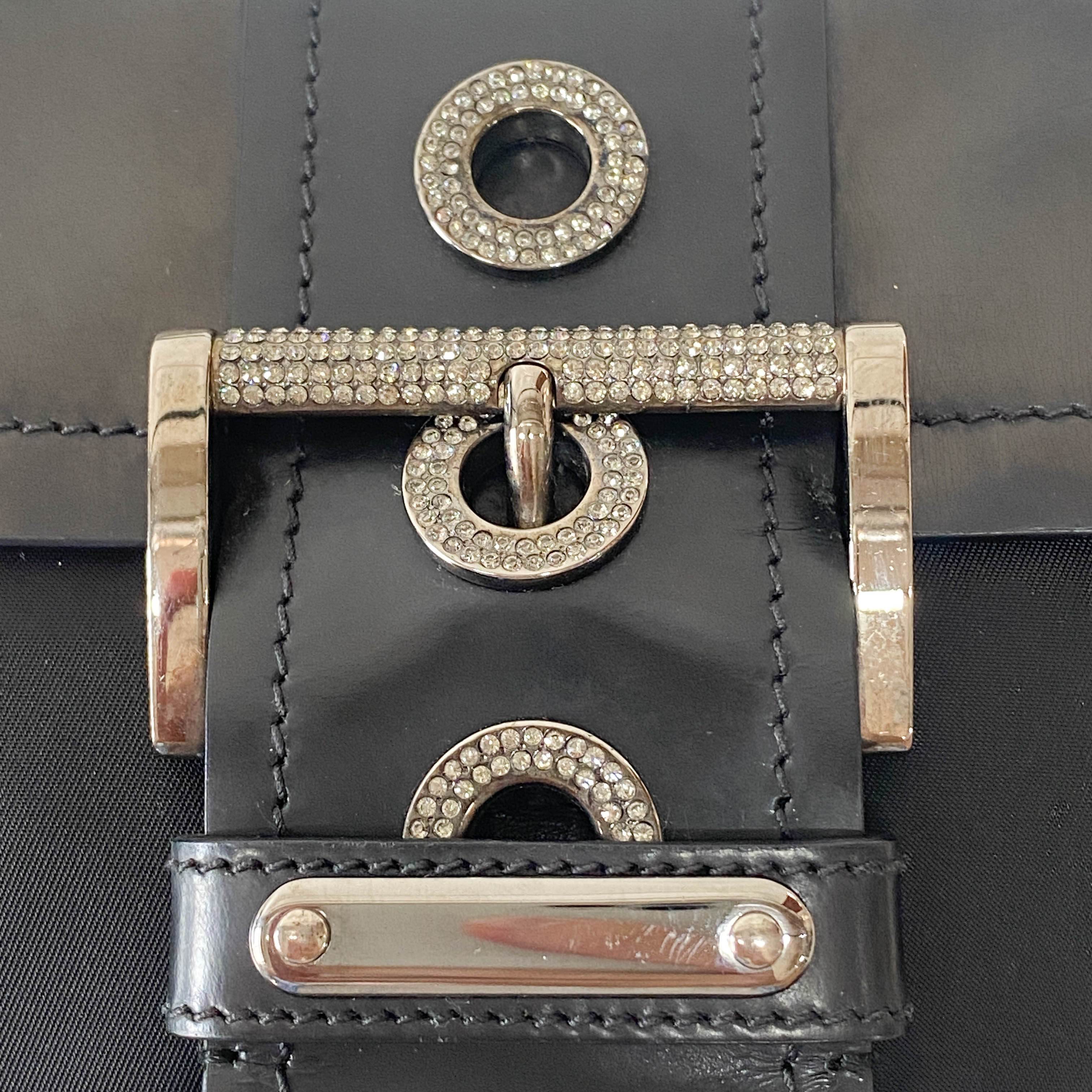 Black Leather and Nylon Chain Shoulder Bag with Rhinestone Hardware