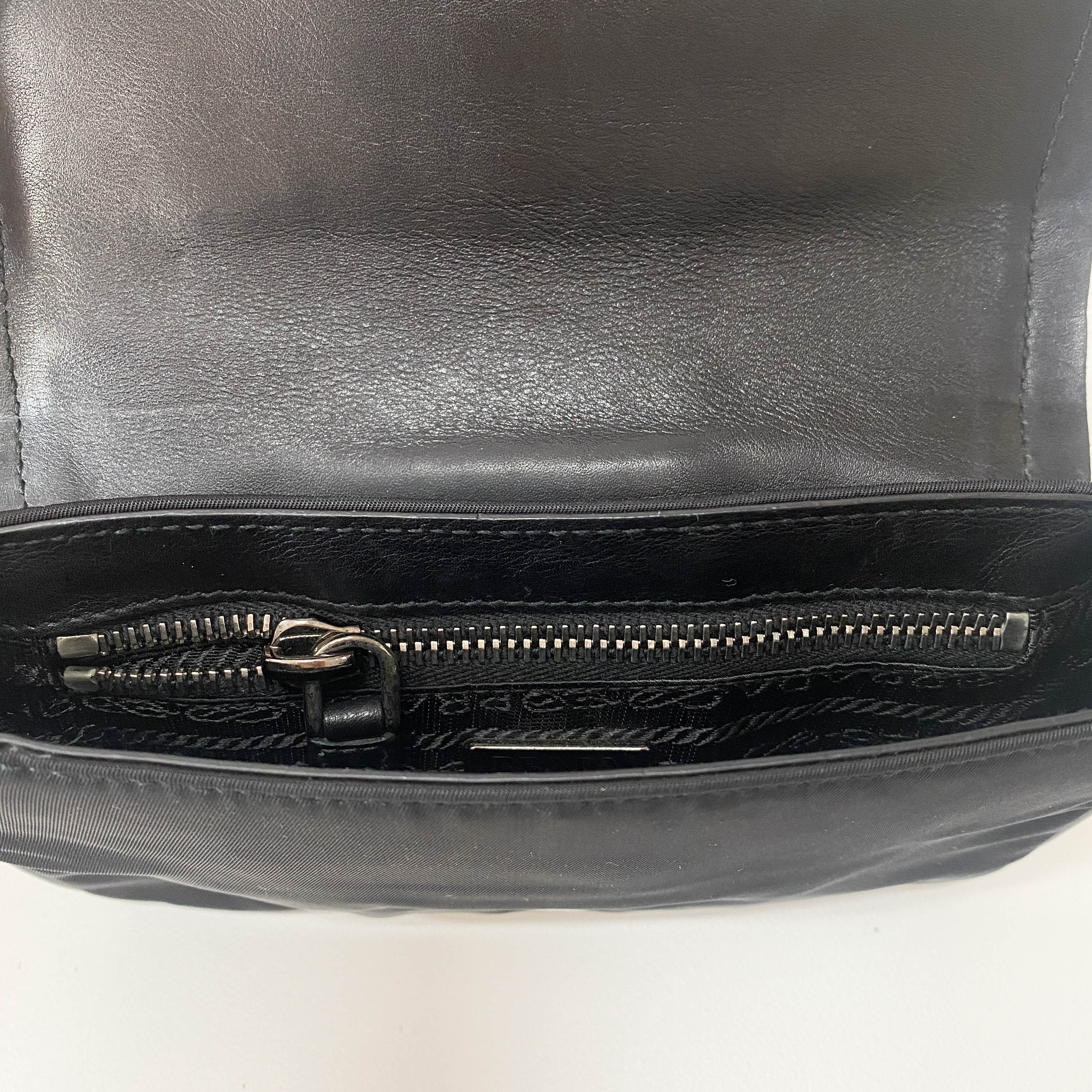 Black Leather and Nylon Chain Shoulder Bag with Rhinestone Hardware