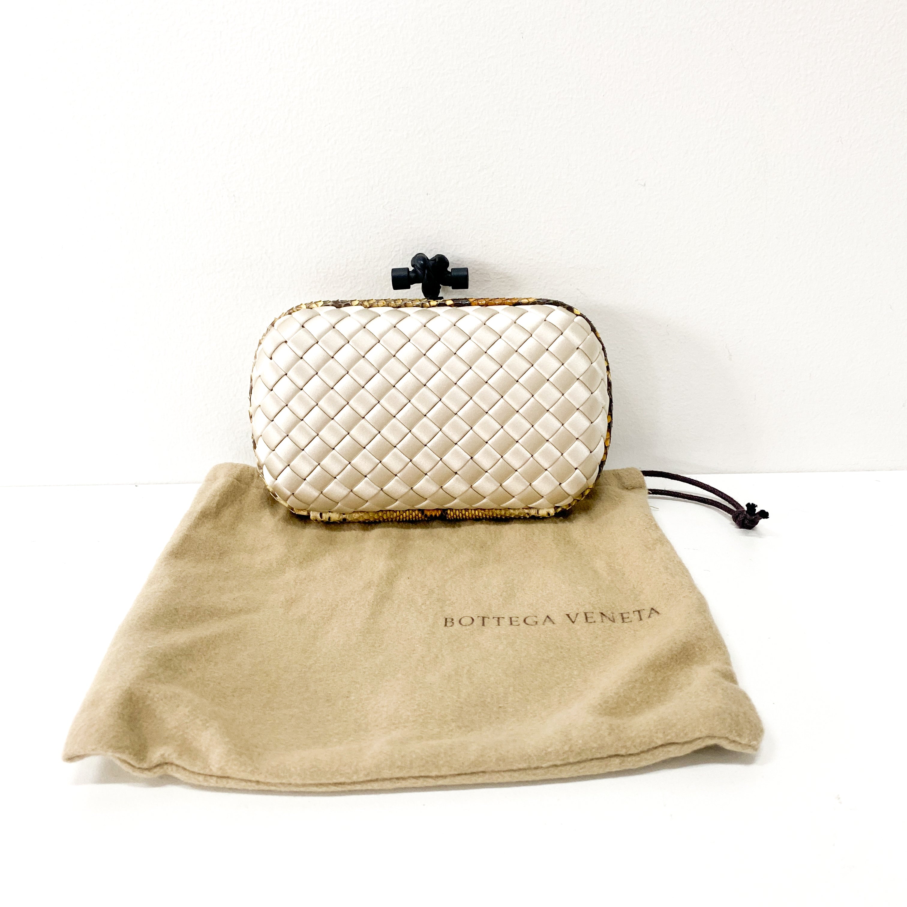 Intrecciato Neutral Satin & Python Embossed Leather Clutch Bag