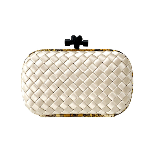 Intrecciato Neutral Satin & Python Embossed Leather Clutch Bag