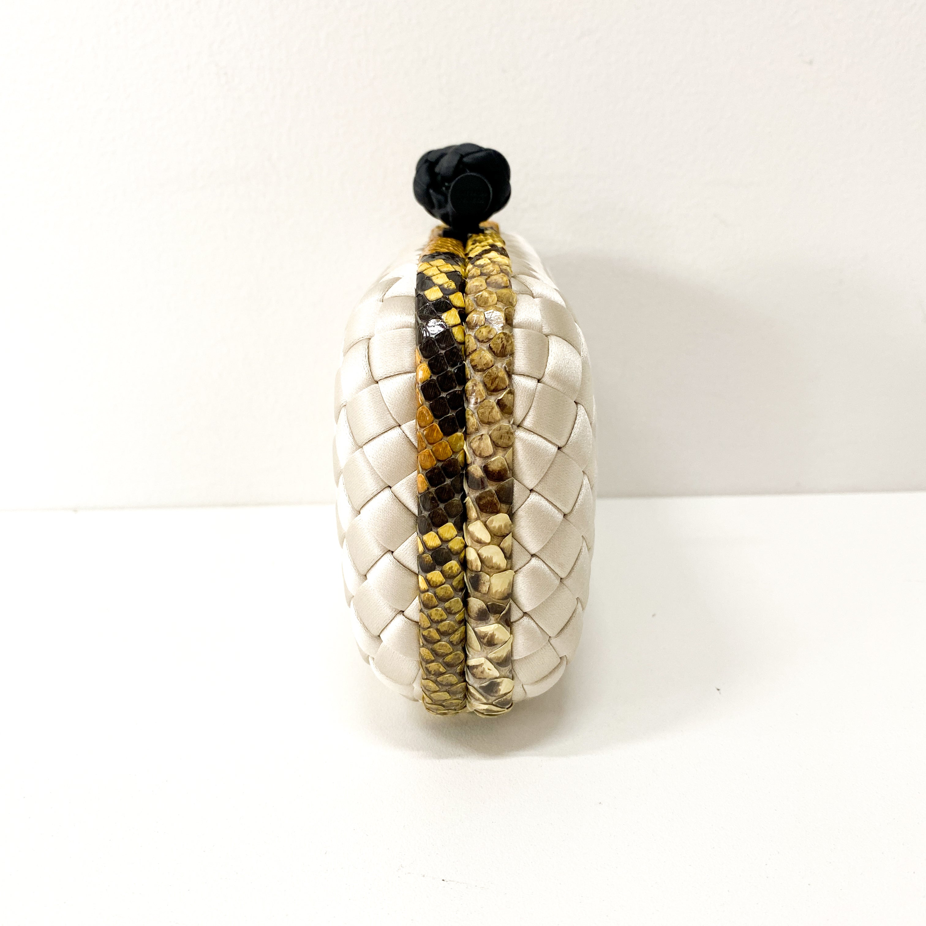 Intrecciato Neutral Satin & Python Embossed Leather Clutch Bag