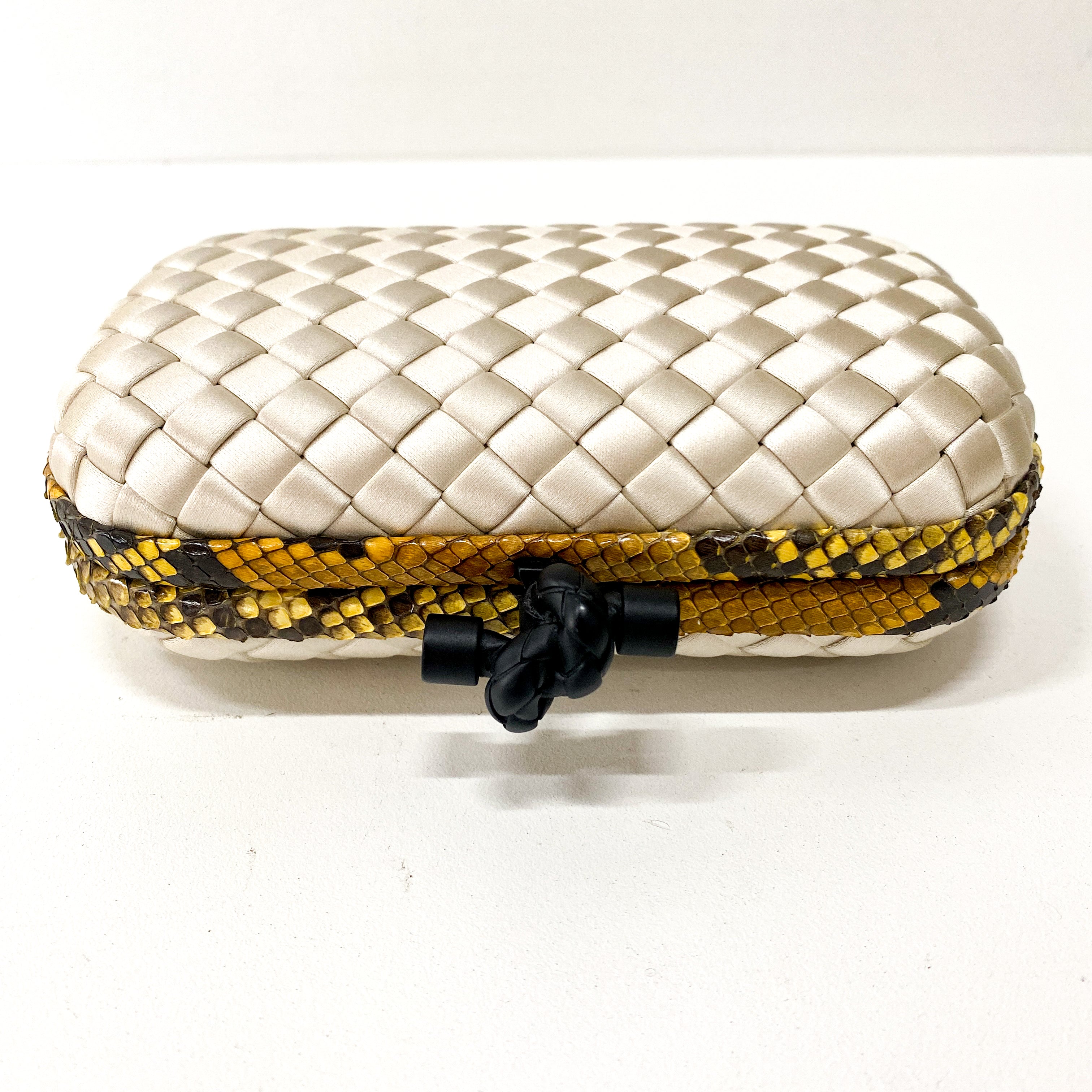 Intrecciato Neutral Satin & Python Embossed Leather Clutch Bag