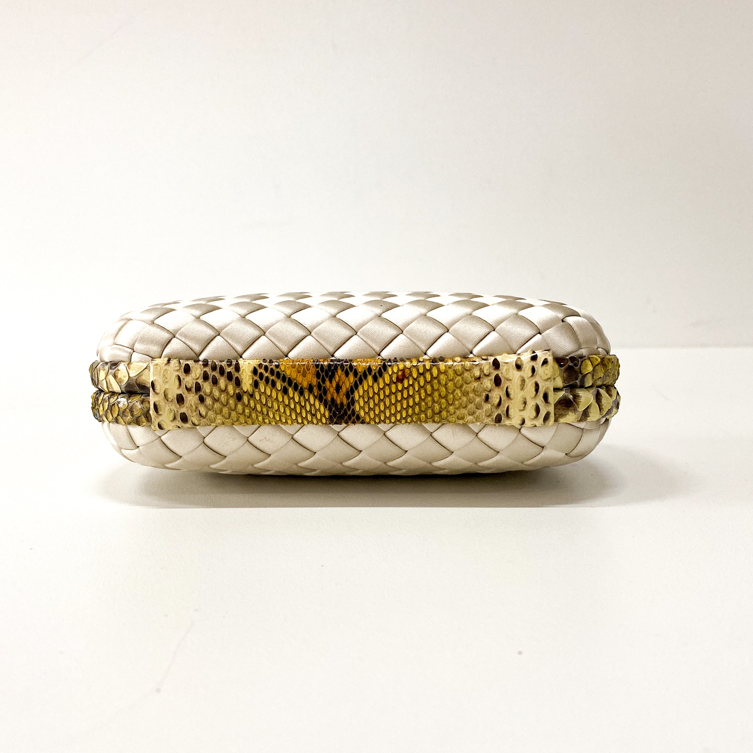 Intrecciato Neutral Satin & Python Embossed Leather Clutch Bag