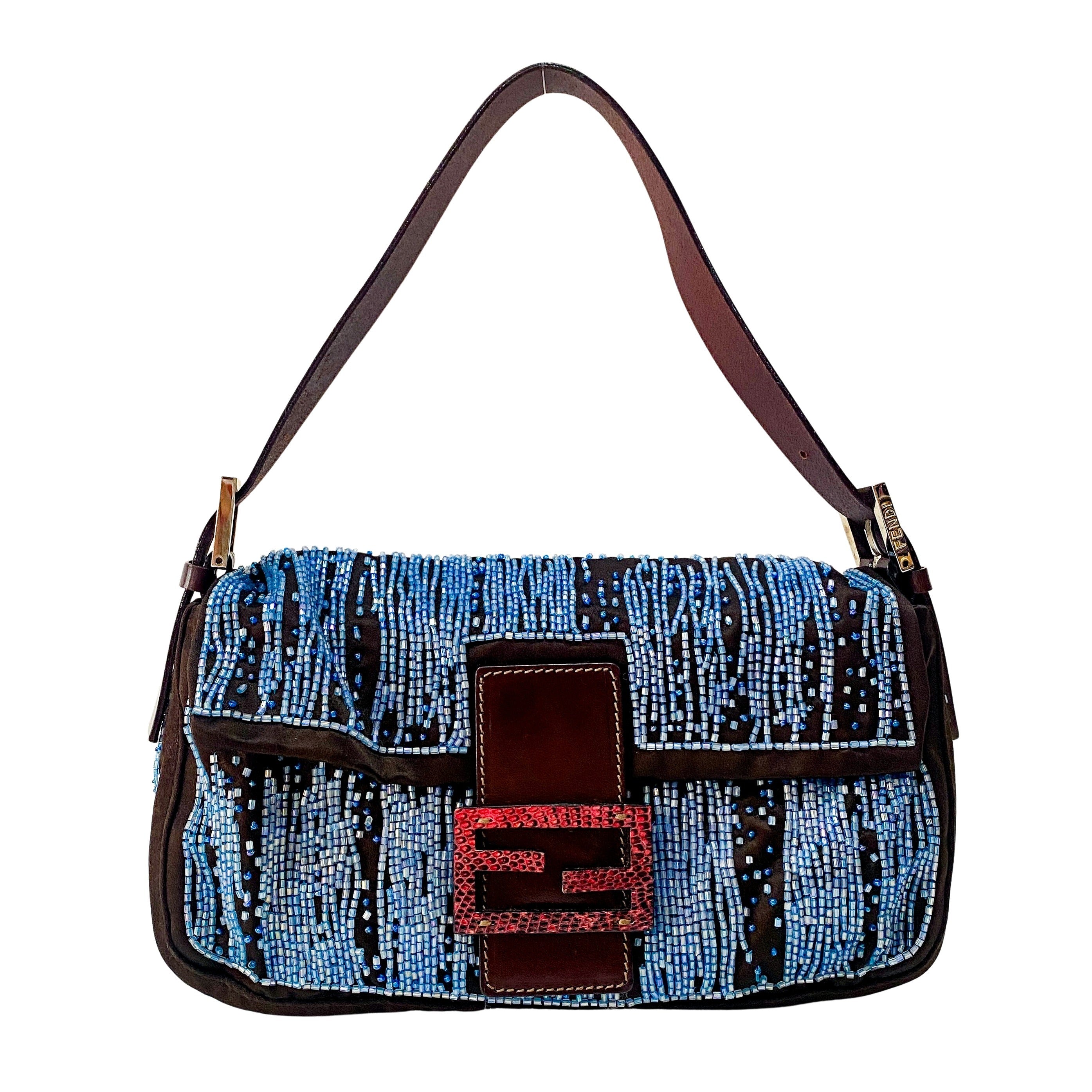 Baguette Brown Satin Beaded Shoulder Bag