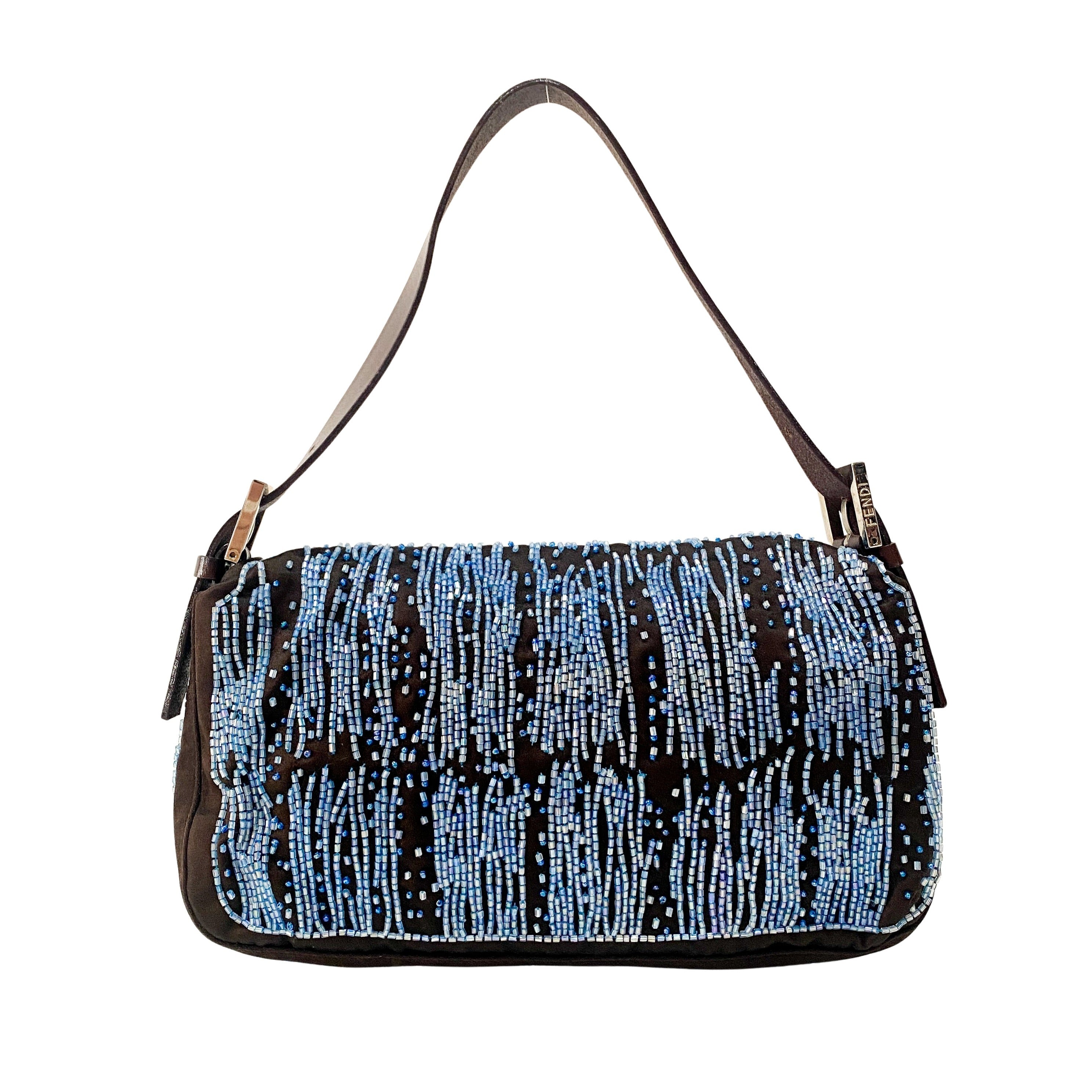 Baguette Brown Satin Beaded Shoulder Bag