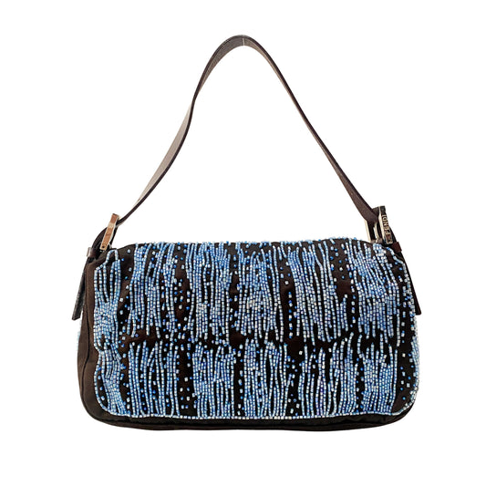 Baguette Brown Satin Beaded Shoulder Bag