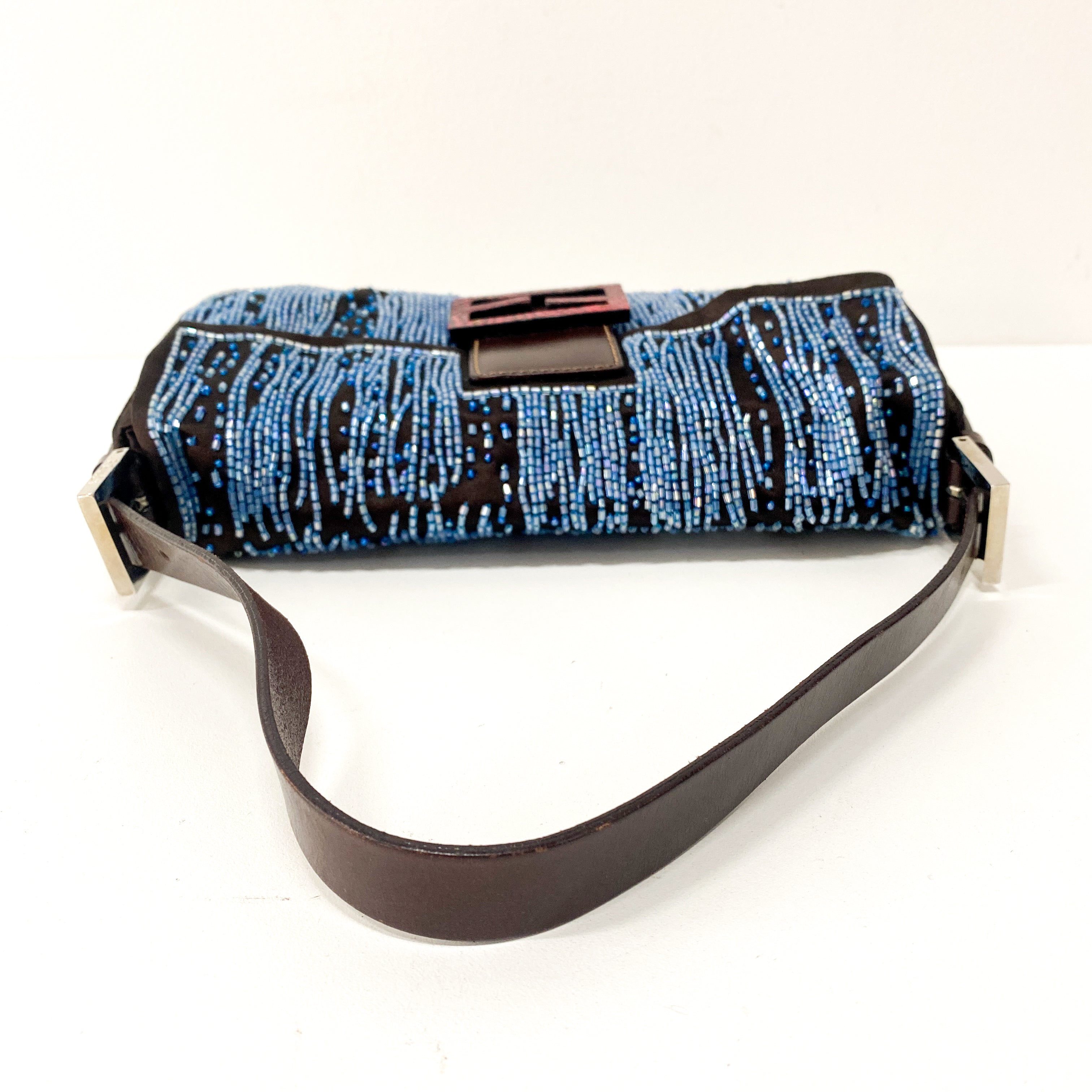 Baguette Brown Satin Beaded Shoulder Bag