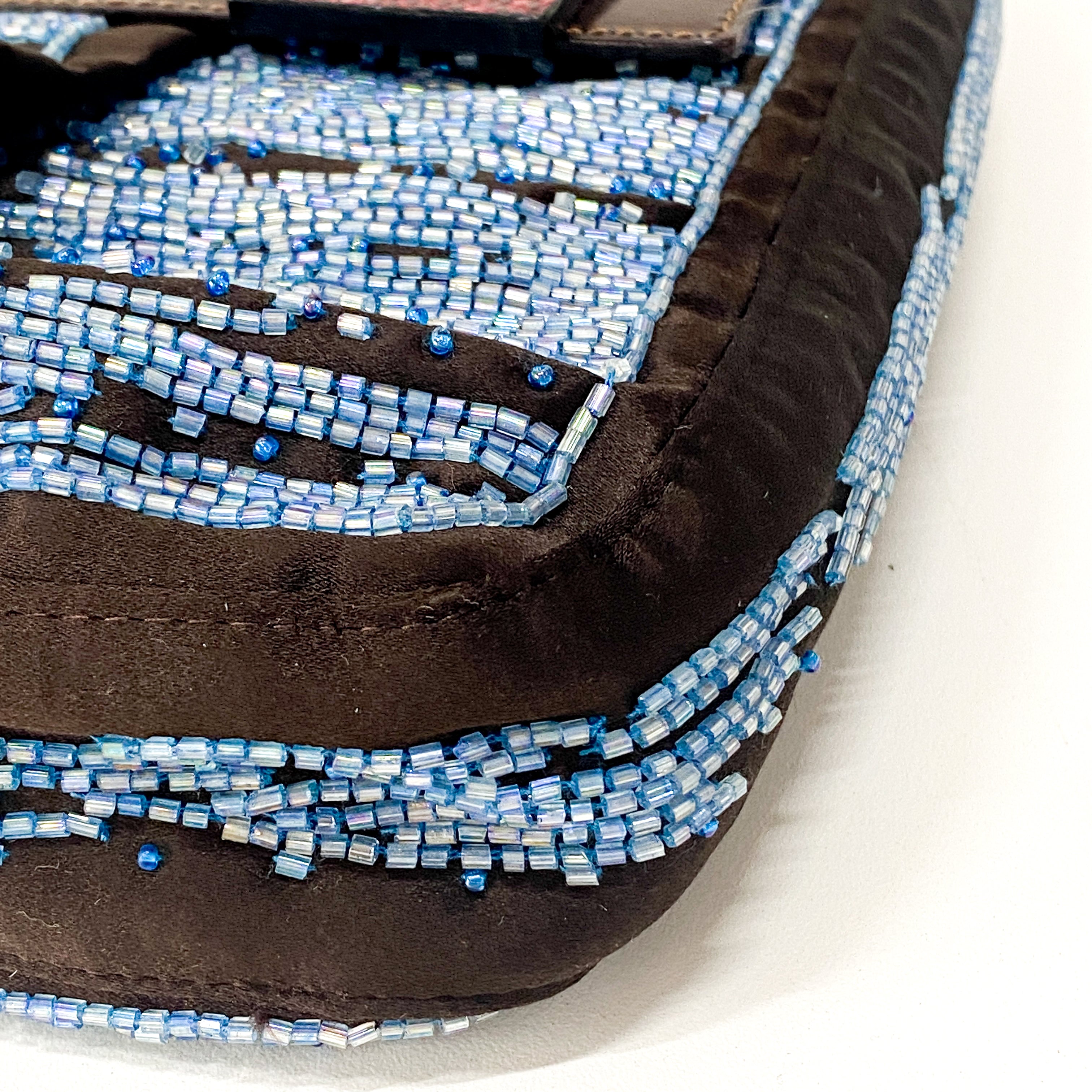 Baguette Brown Satin Beaded Shoulder Bag