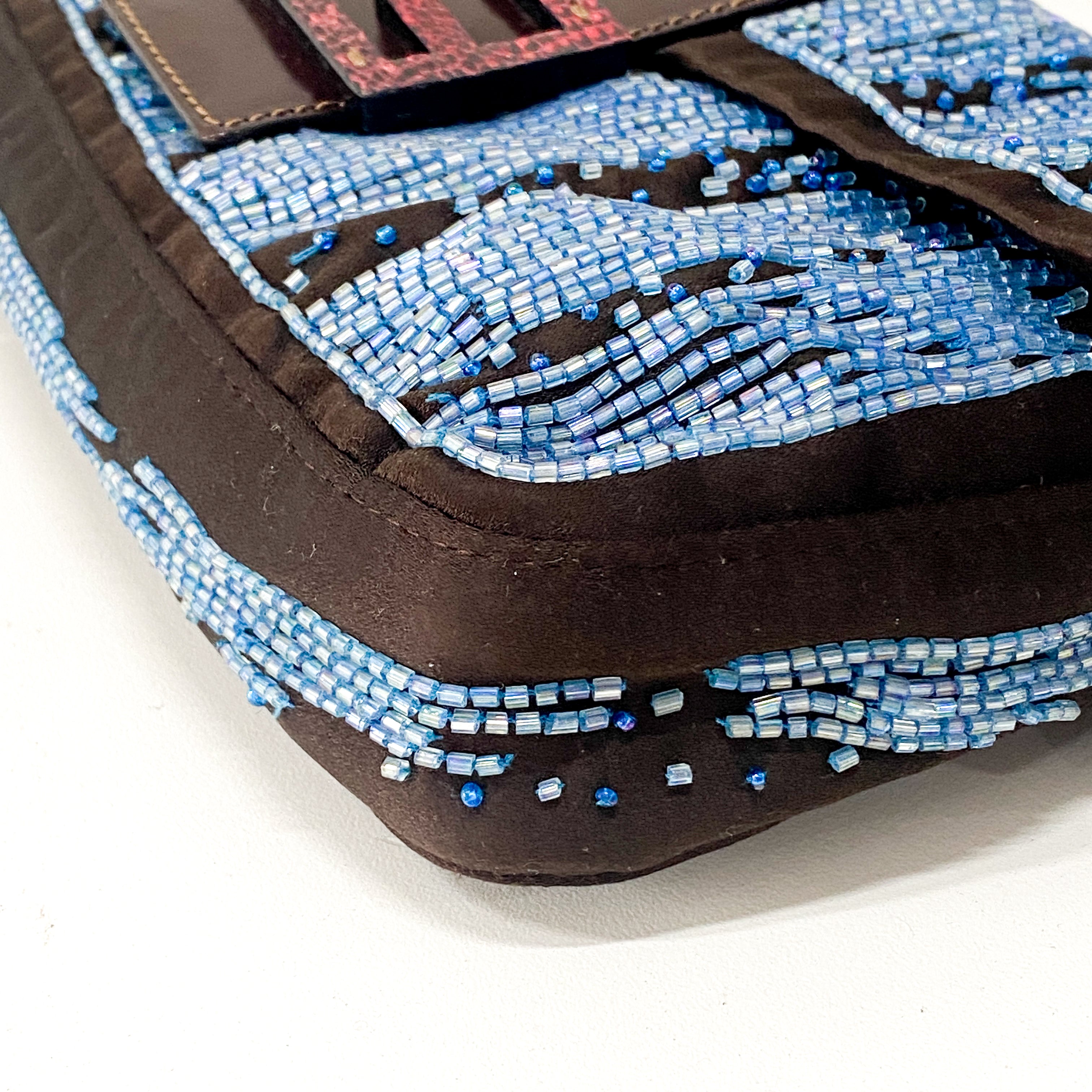 Baguette Brown Satin Beaded Shoulder Bag