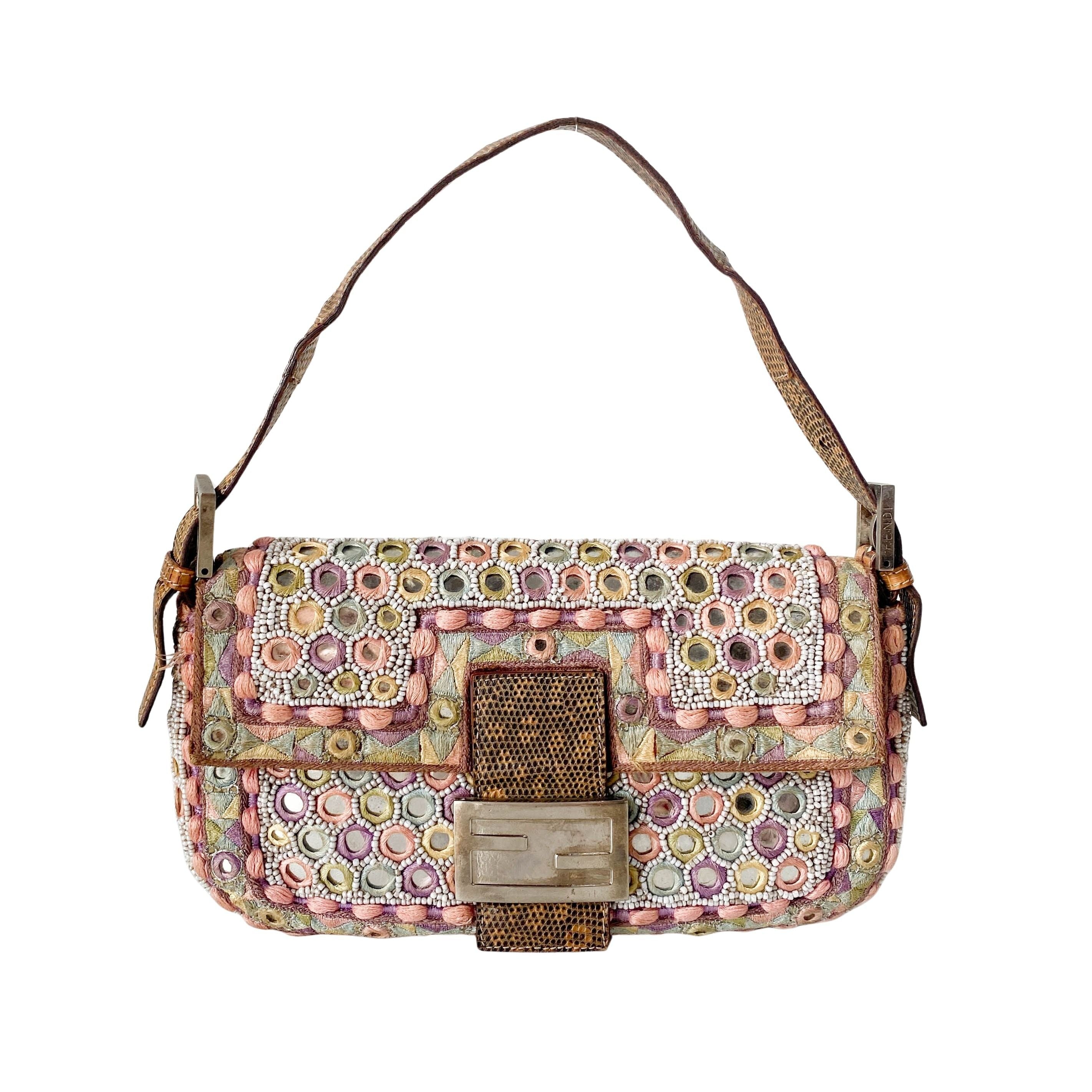 Baguette Multi-colour Embroidered Mirrors & Lizzard Skin Shoulder Bag