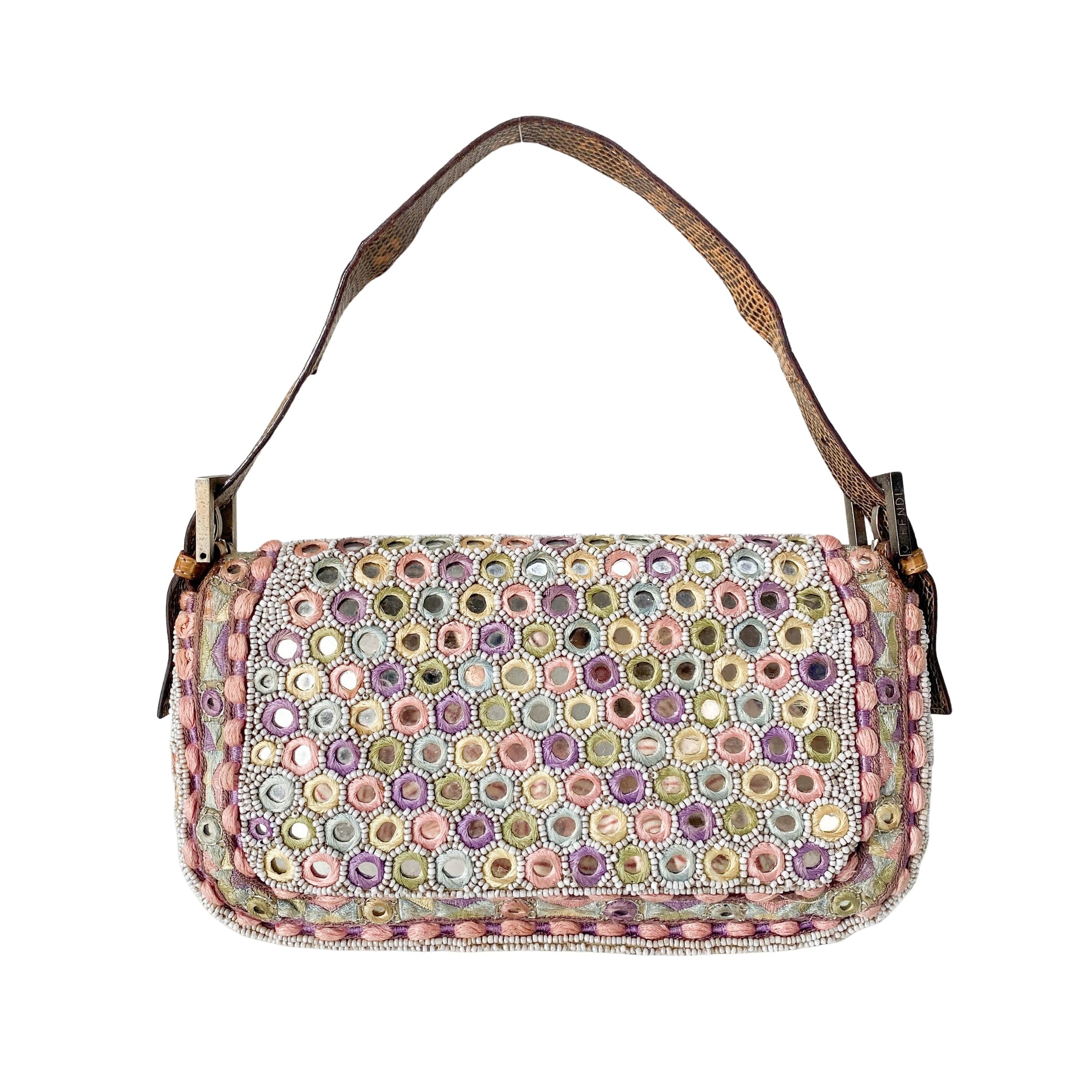 Baguette Multi-colour Embroidered Mirrors & Lizzard Skin Shoulder Bag