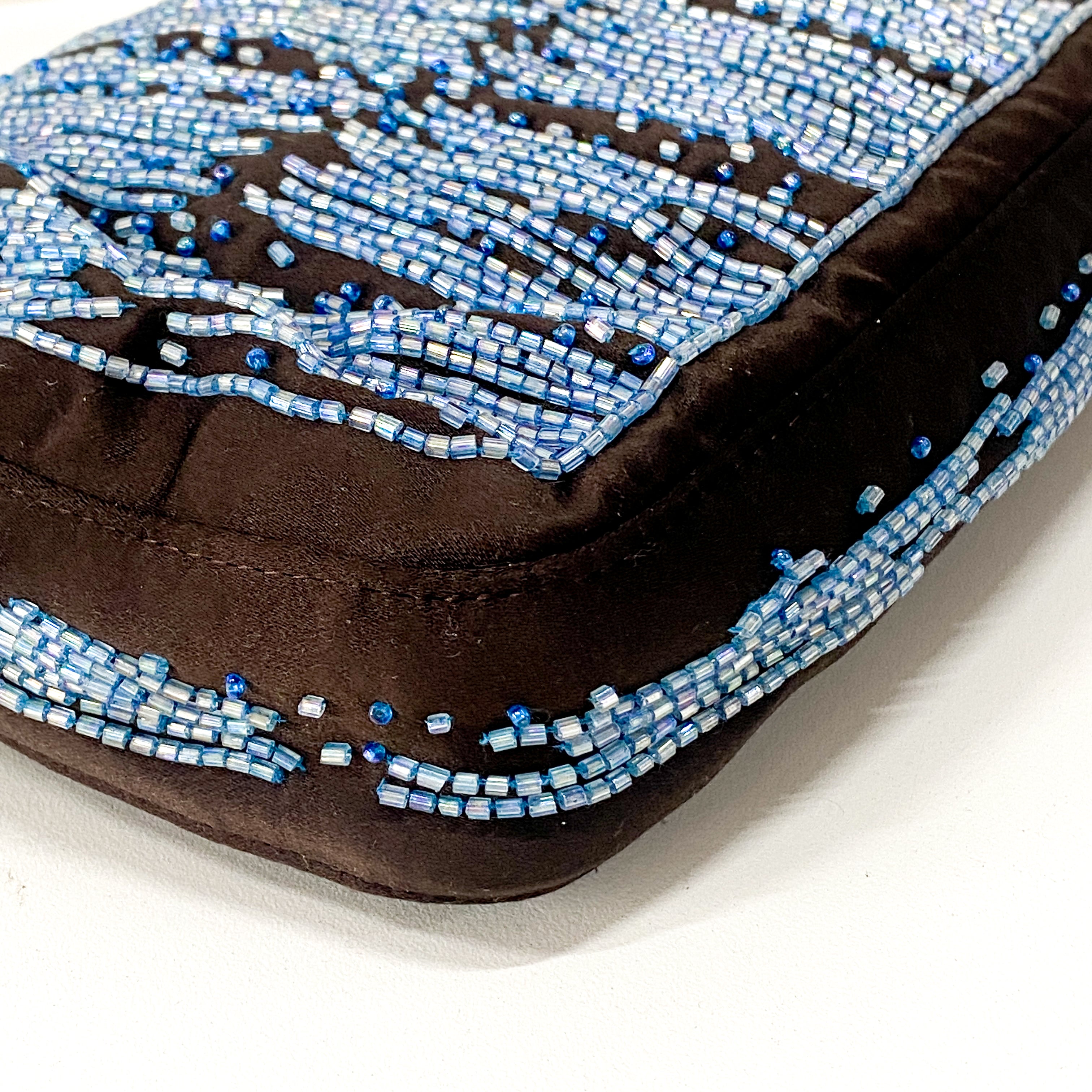 Baguette Brown Satin Beaded Shoulder Bag