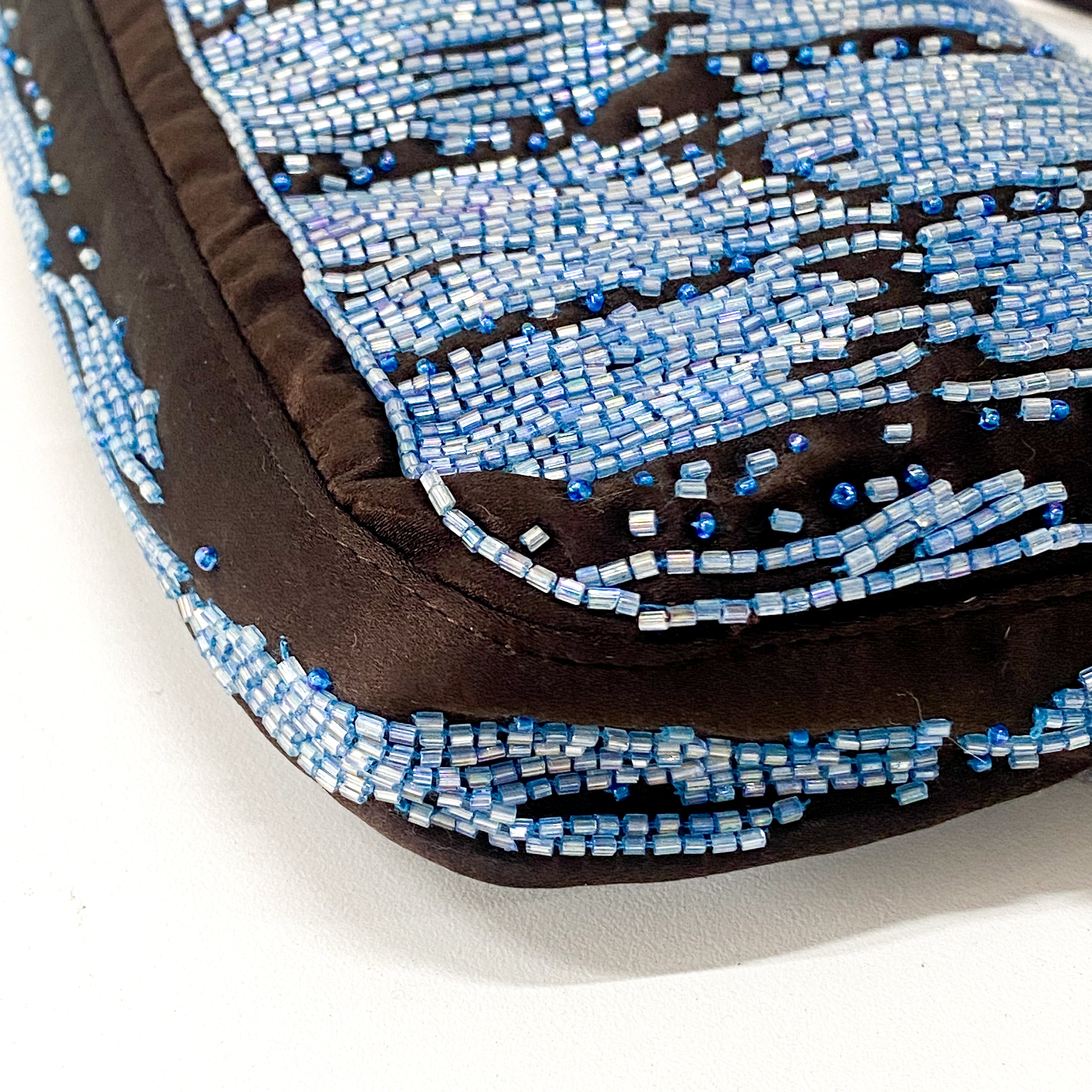 Baguette Brown Satin Beaded Shoulder Bag