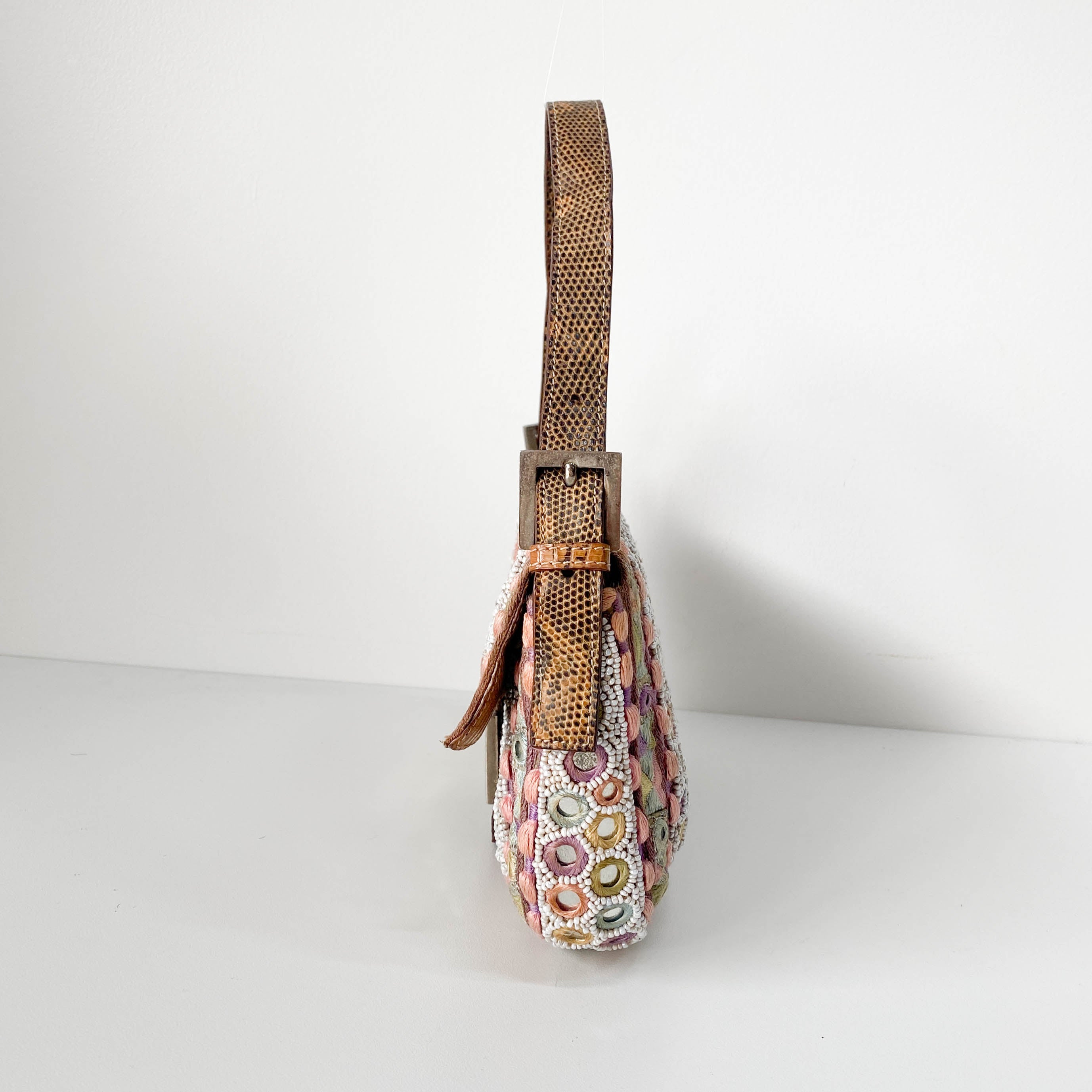 Baguette Multi-colour Embroidered Mirrors & Lizzard Skin Shoulder Bag