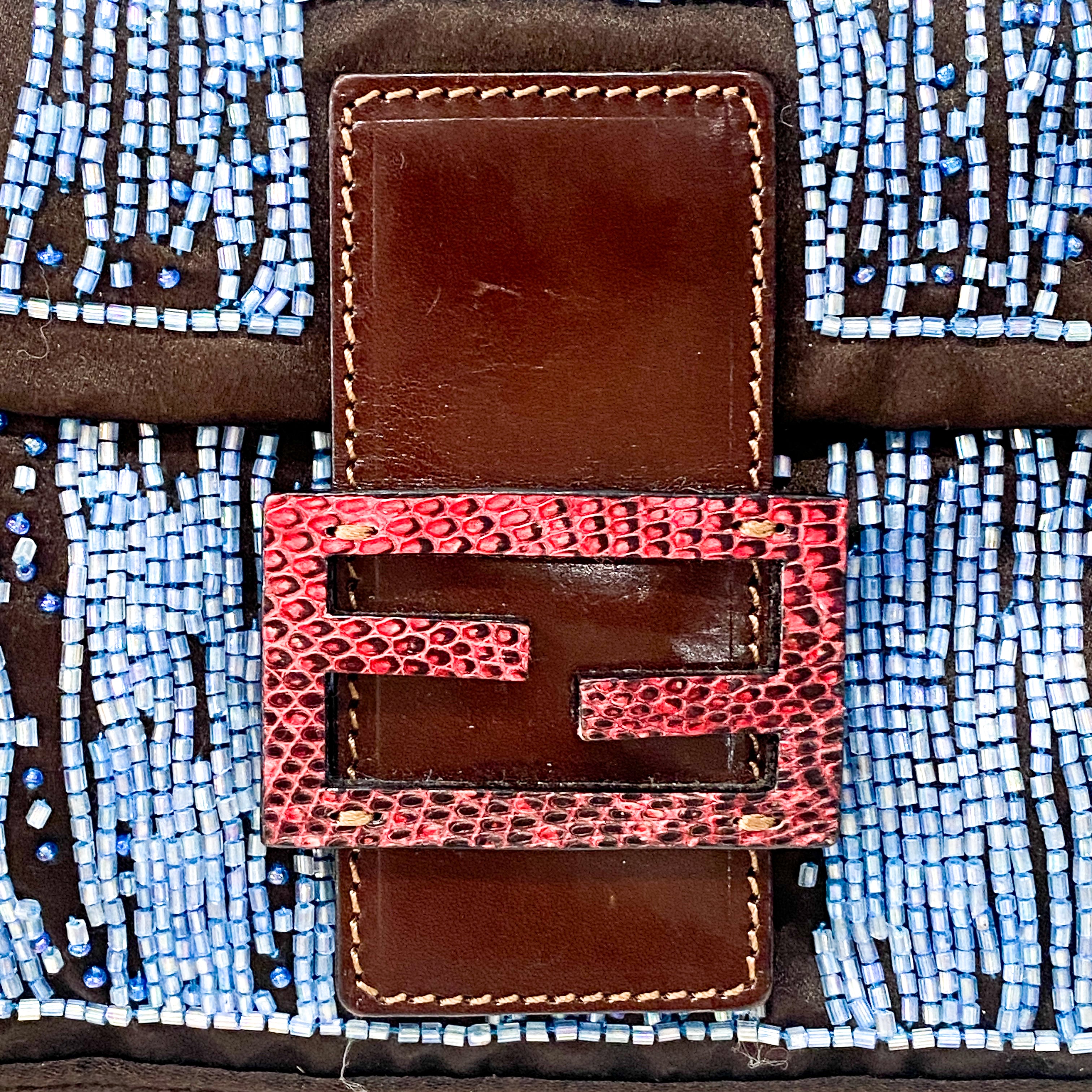 Baguette Brown Satin Beaded Shoulder Bag