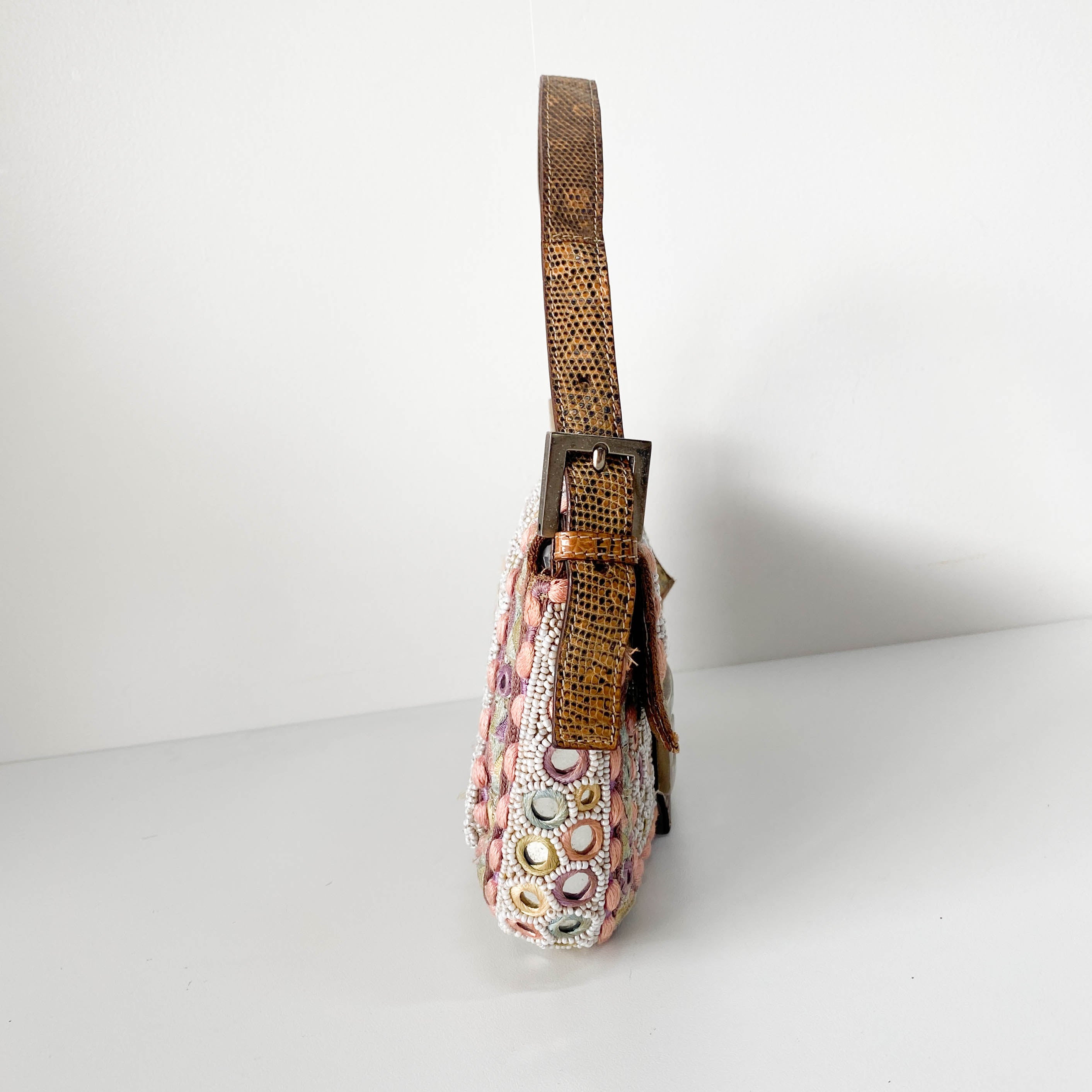 Baguette Multi-colour Embroidered Mirrors & Lizzard Skin Shoulder Bag