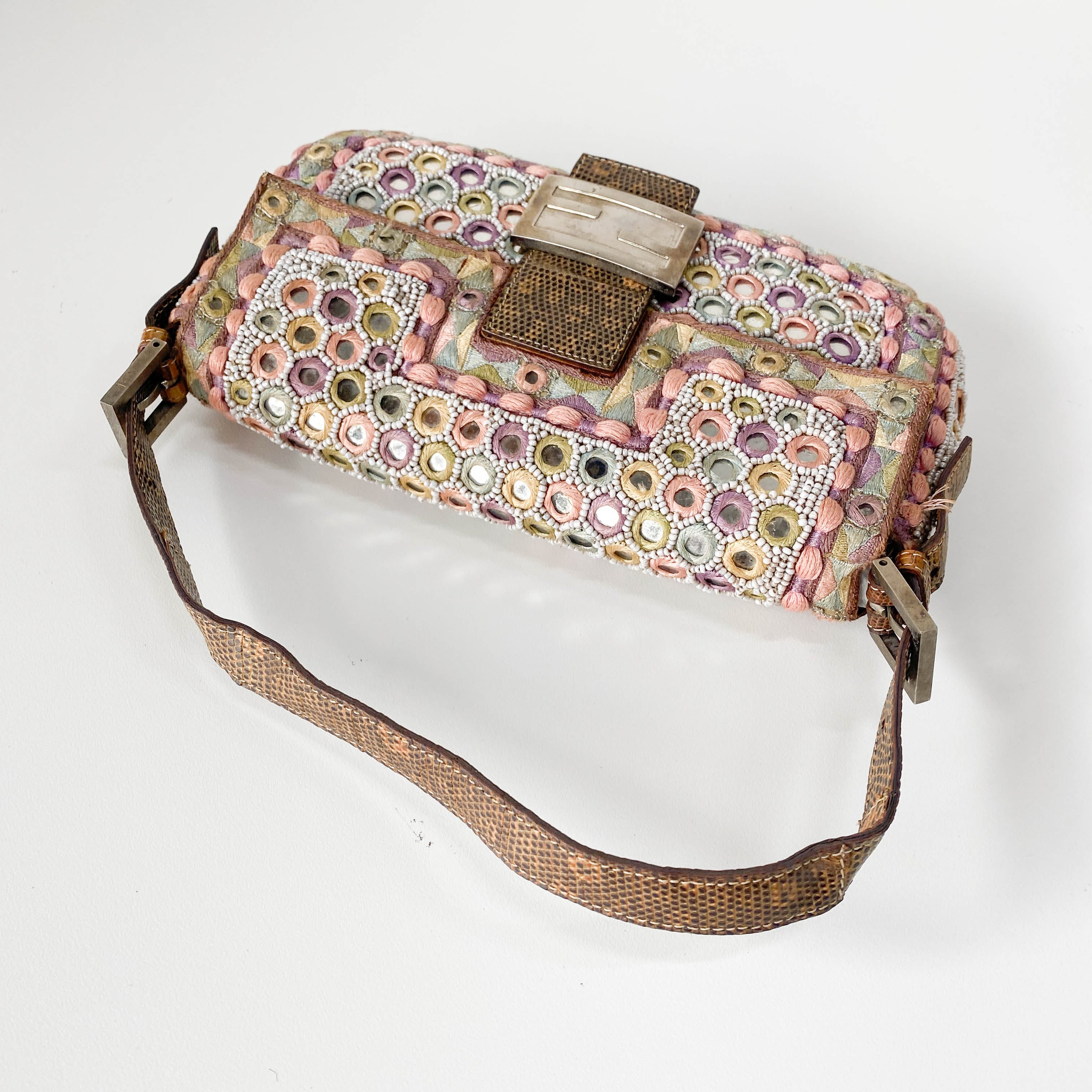 Baguette Multi-colour Embroidered Mirrors & Lizzard Skin Shoulder Bag