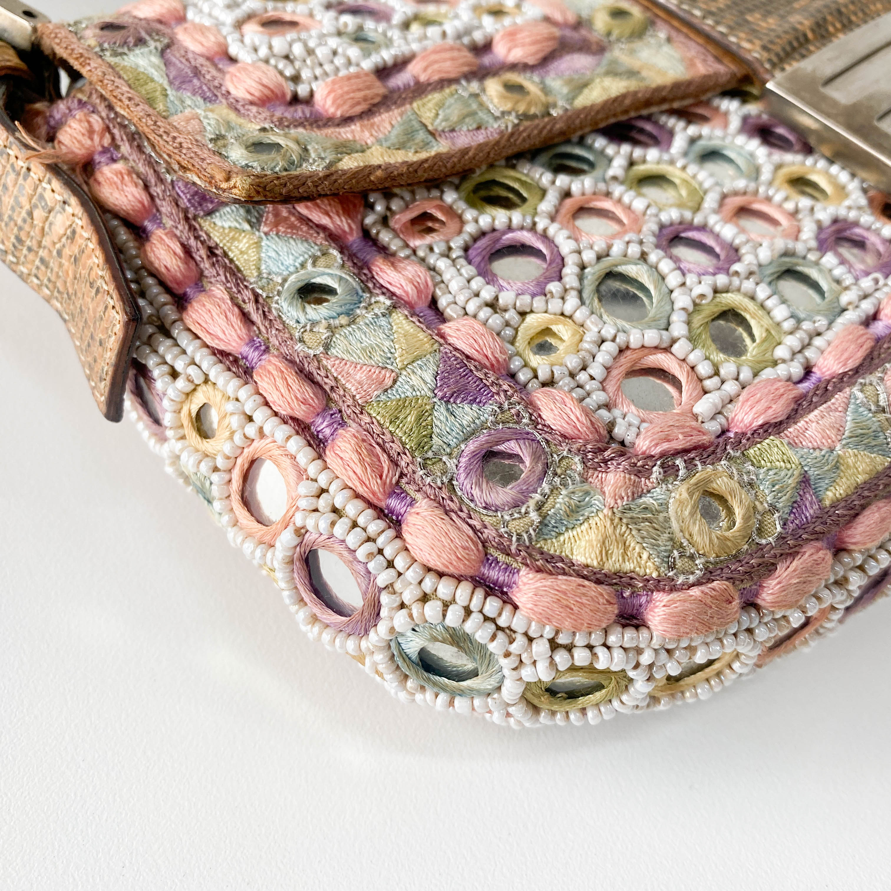 Baguette Multi-colour Embroidered Mirrors & Lizzard Skin Shoulder Bag