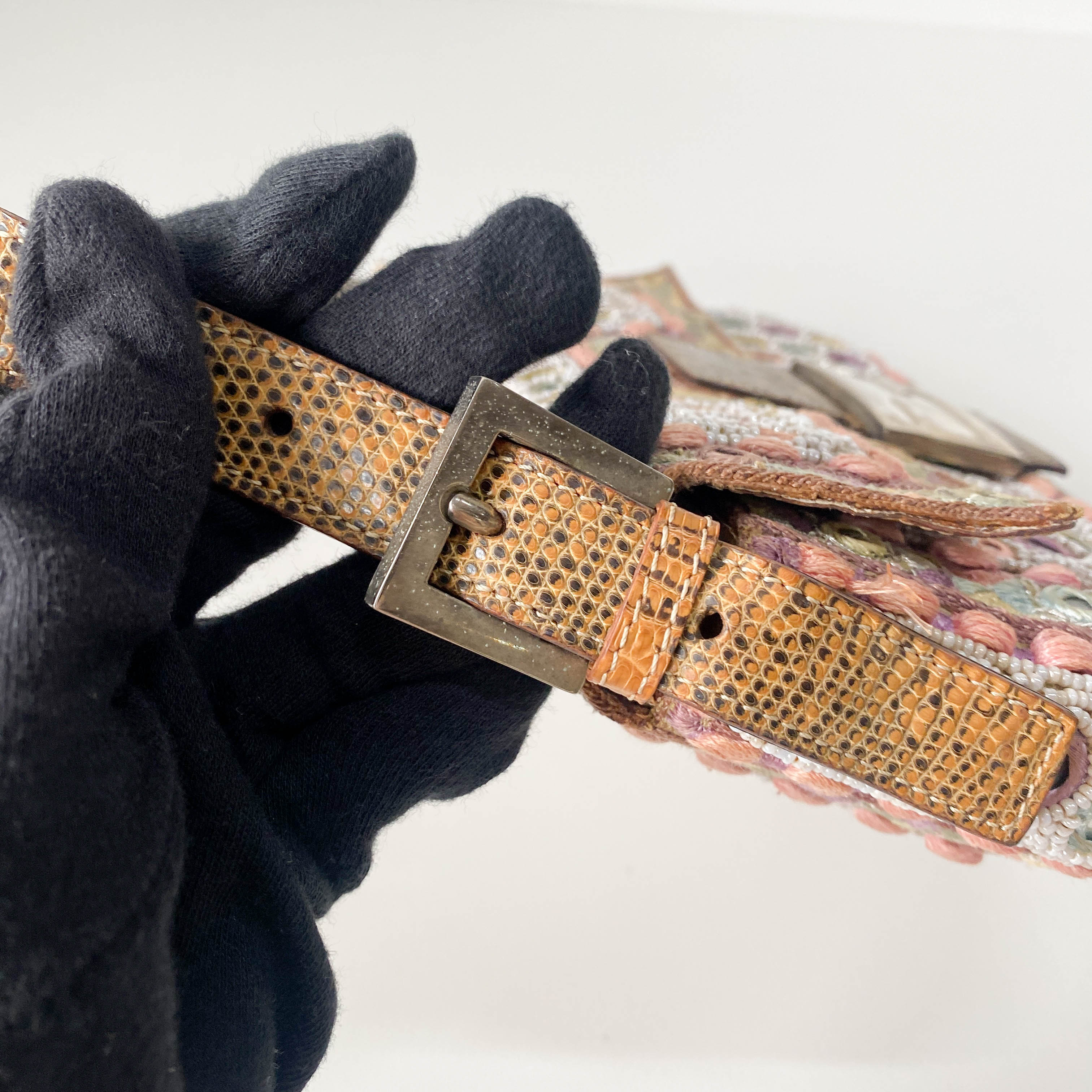 Baguette Multi-colour Embroidered Mirrors & Lizzard Skin Shoulder Bag