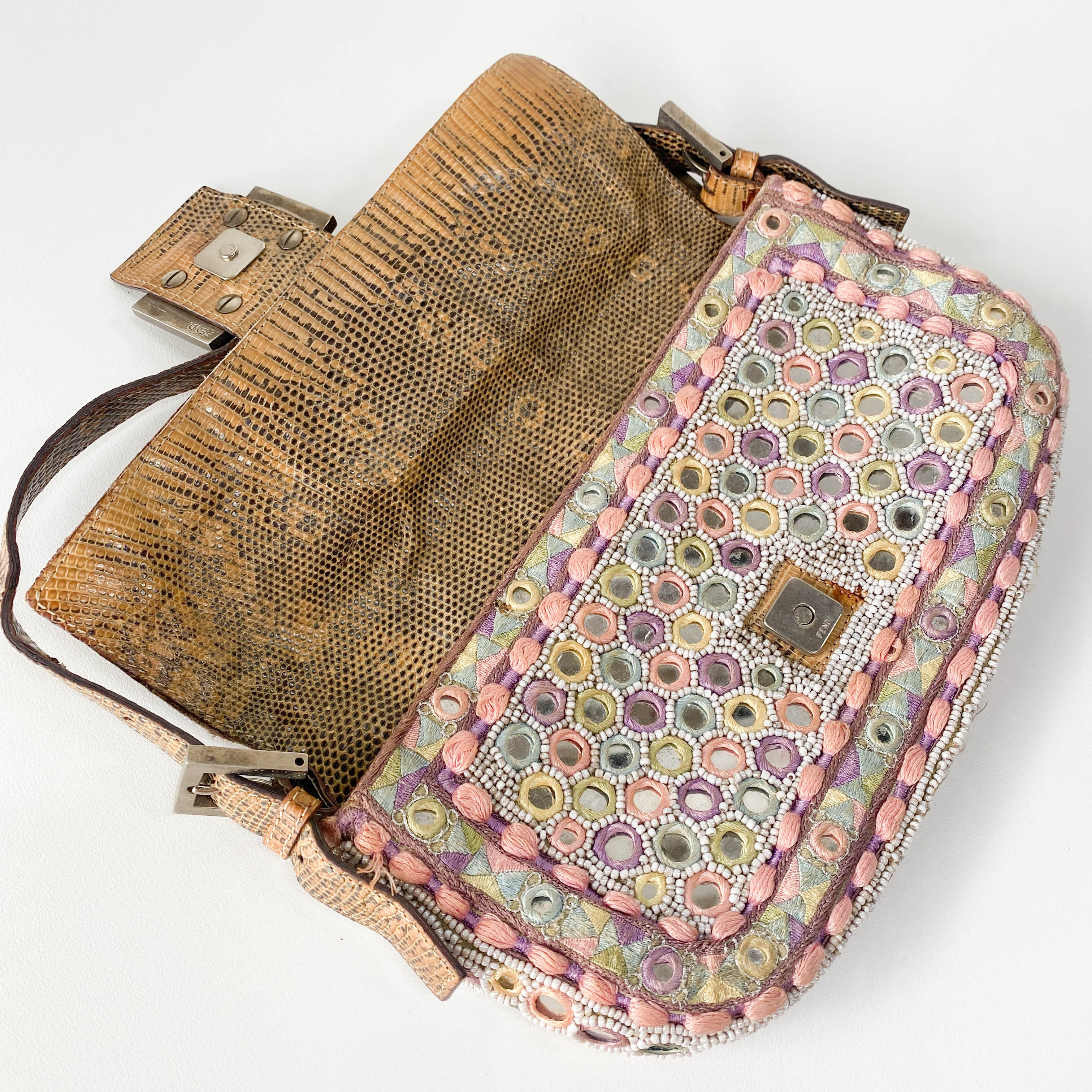 Baguette Multi-colour Embroidered Mirrors & Lizzard Skin Shoulder Bag