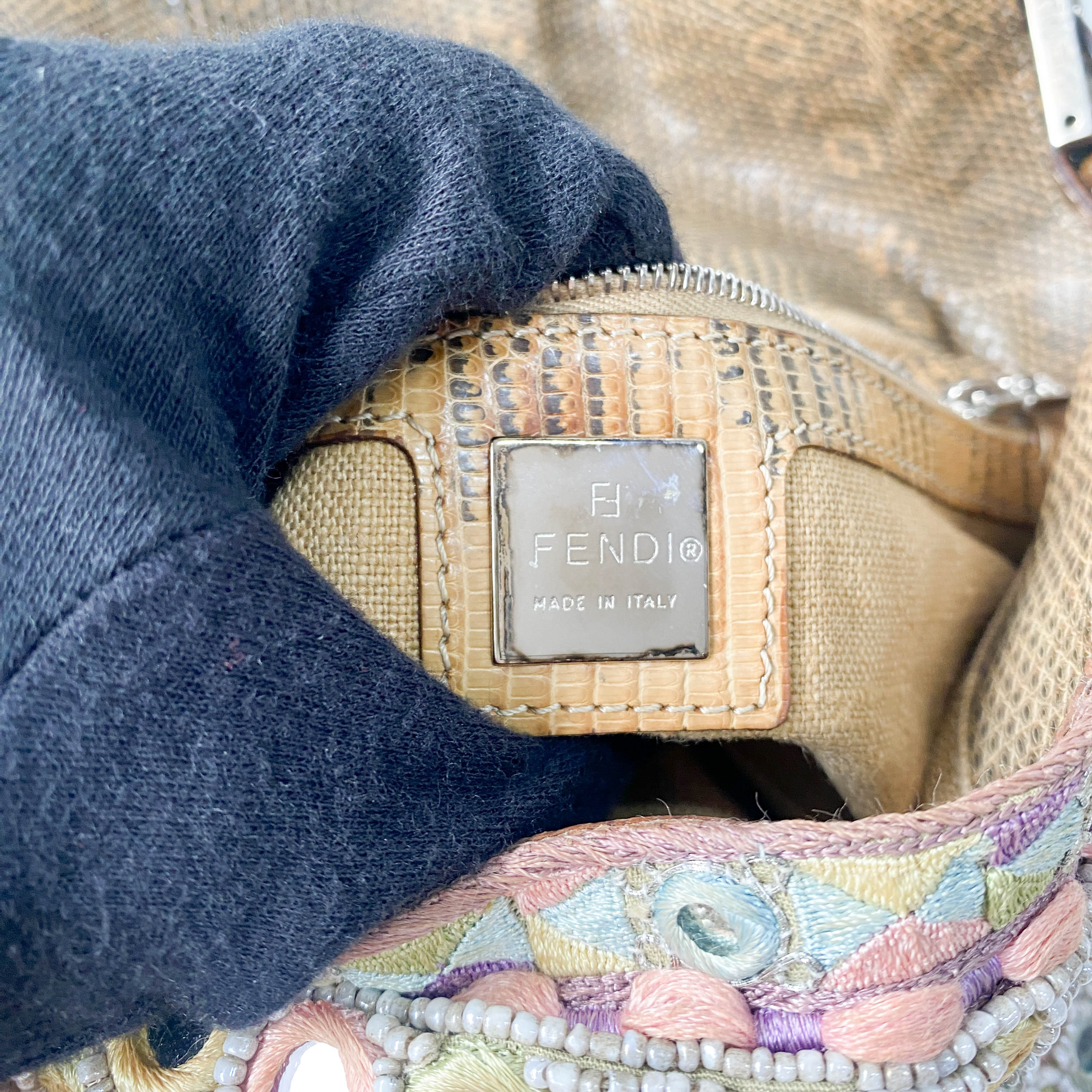 Baguette Multi-colour Embroidered Mirrors & Lizzard Skin Shoulder Bag