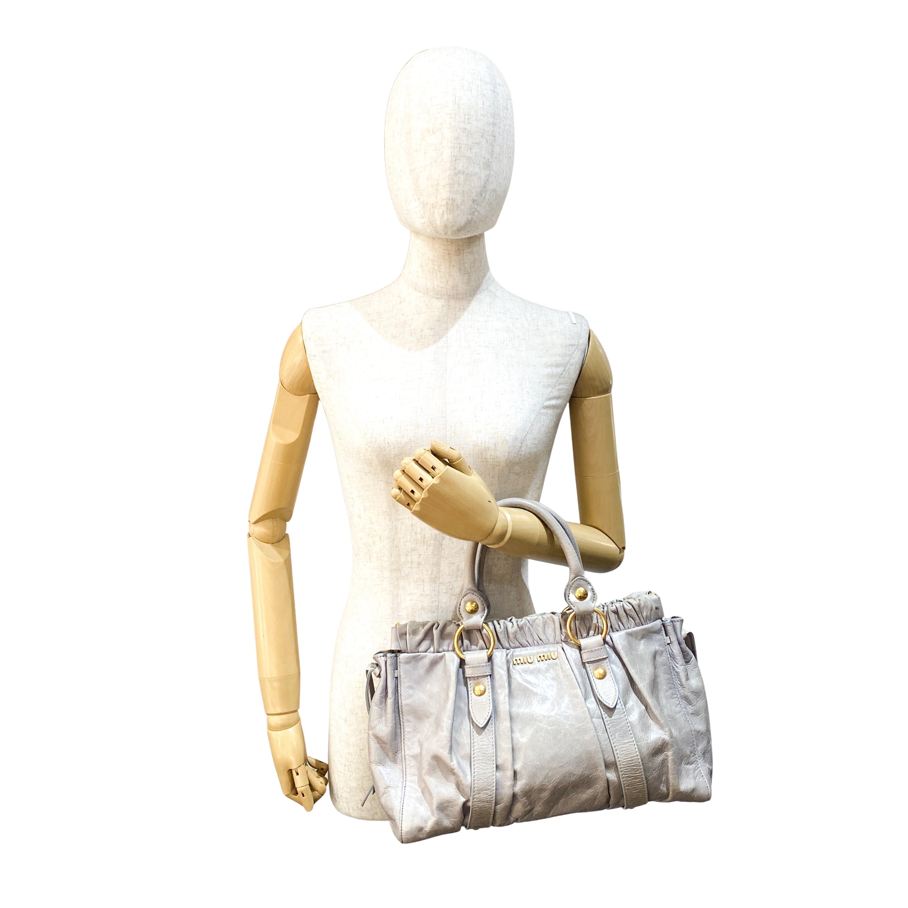 Vitello Grey Calfskin Leather Two Way Bag