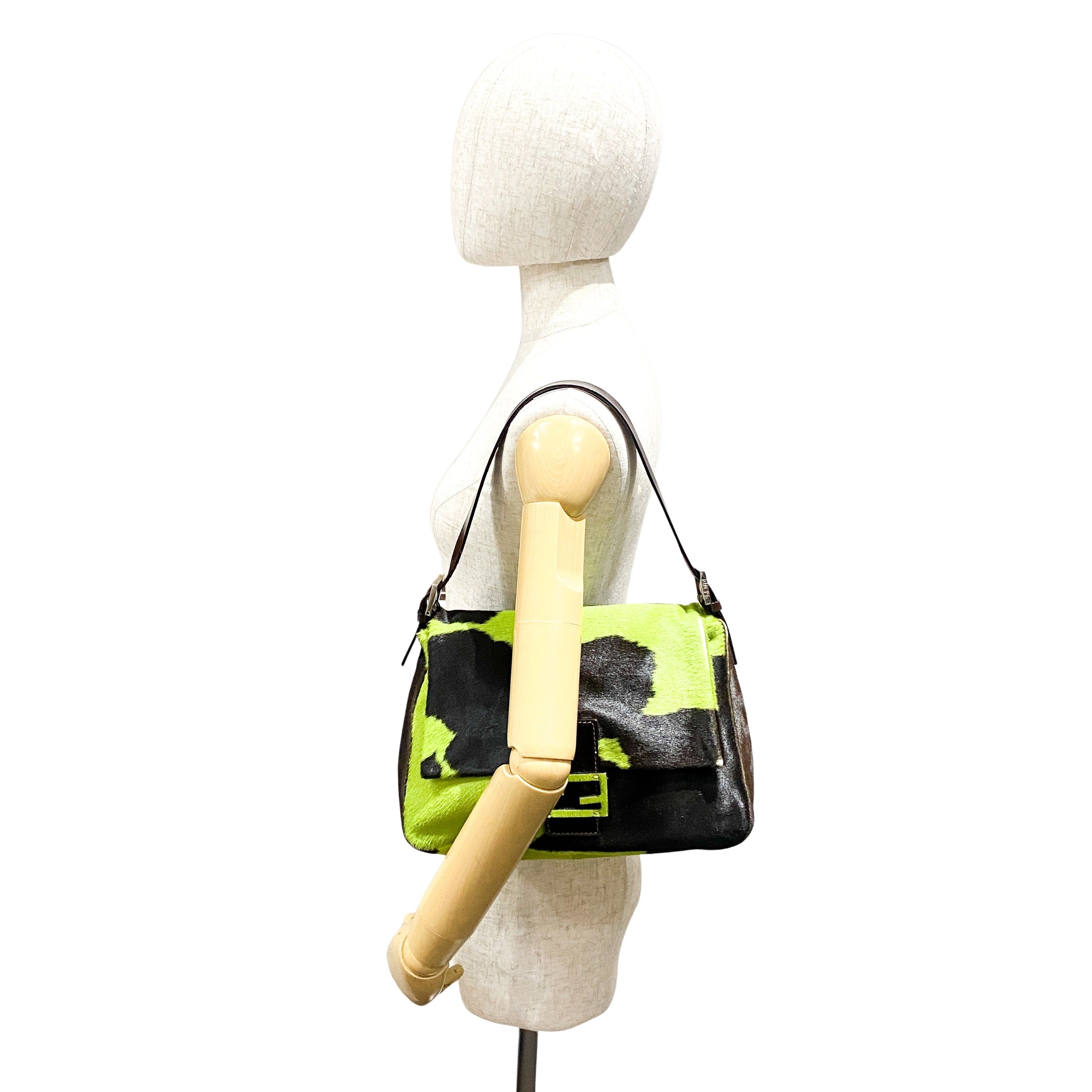 Mamma Baguette Green Cow Hide Pony Hair Shoulder Bag