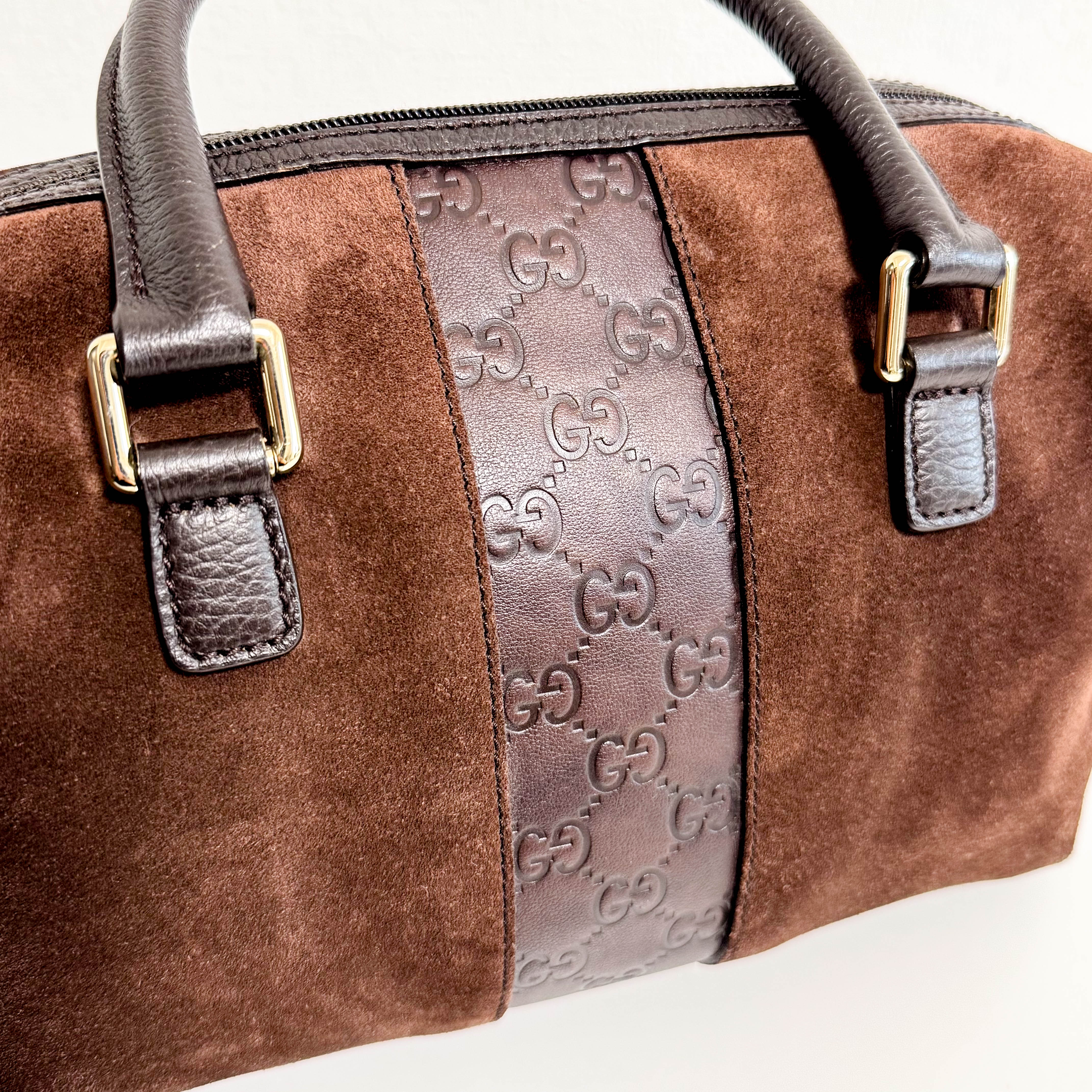 Suede Small Boston Bag Brown GG Embossed Leather Bowling