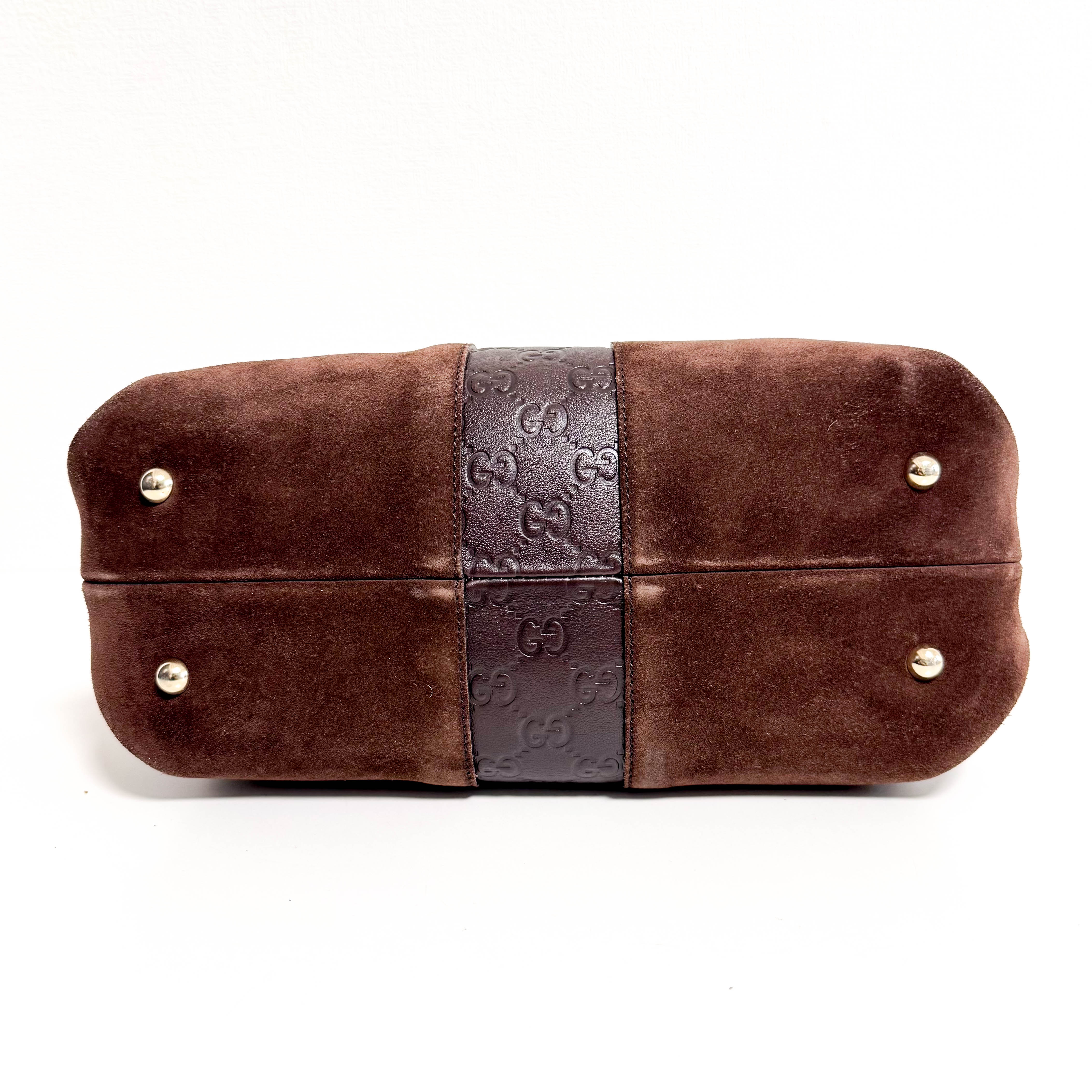 Suede Small Boston Bag Brown GG Embossed Leather Bowling