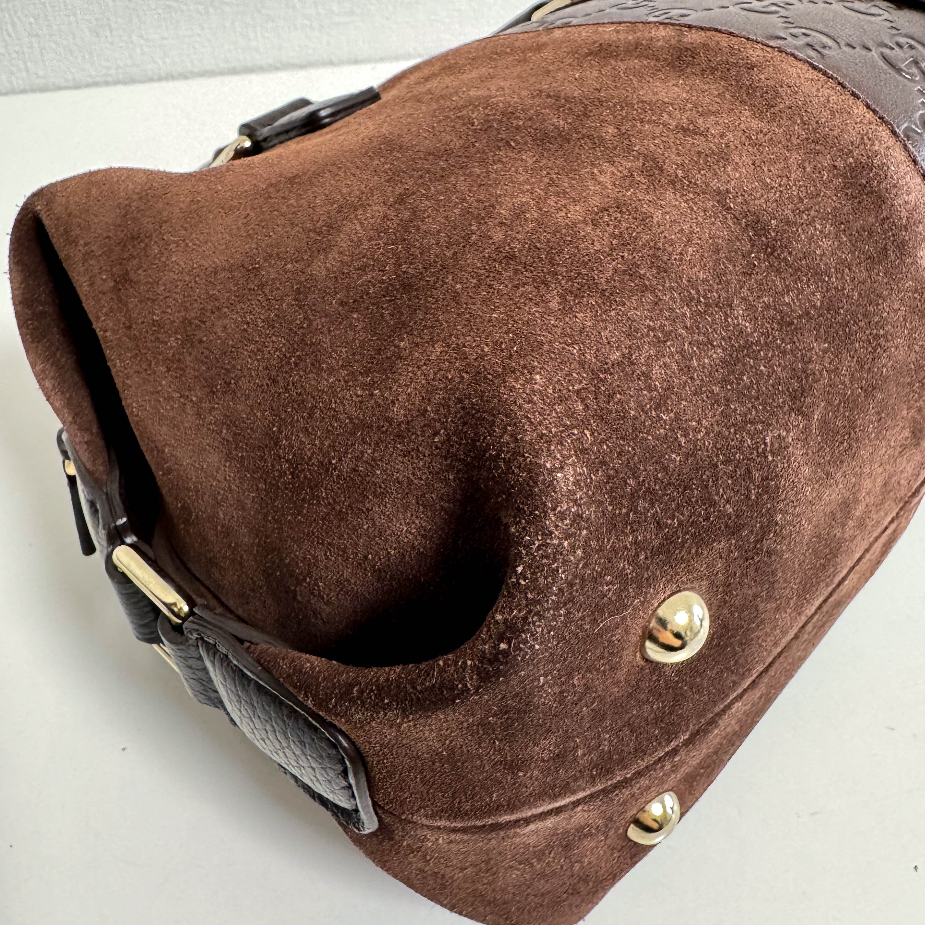 Suede Small Boston Bag Brown GG Embossed Leather Bowling