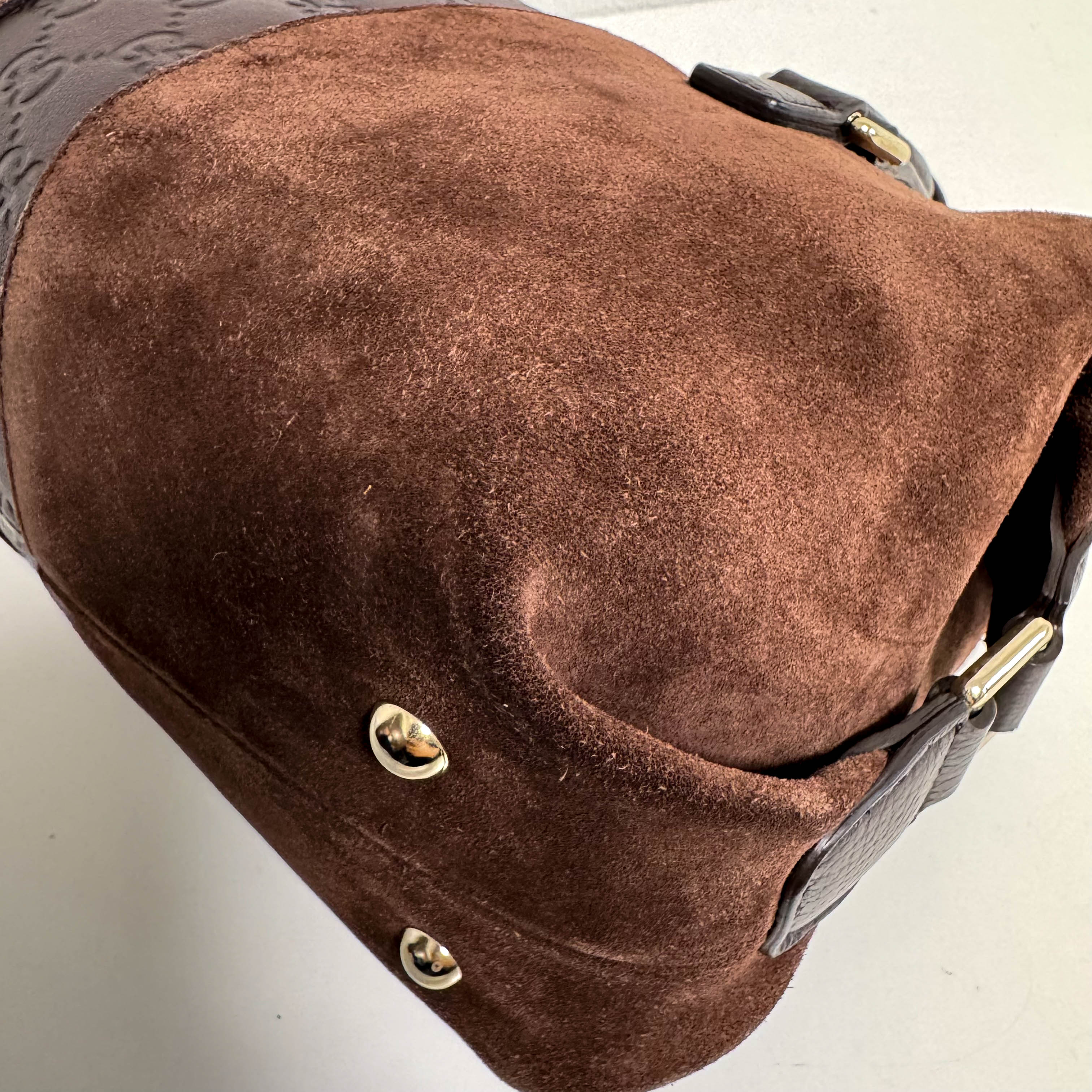 Suede Small Boston Bag Brown GG Embossed Leather Bowling