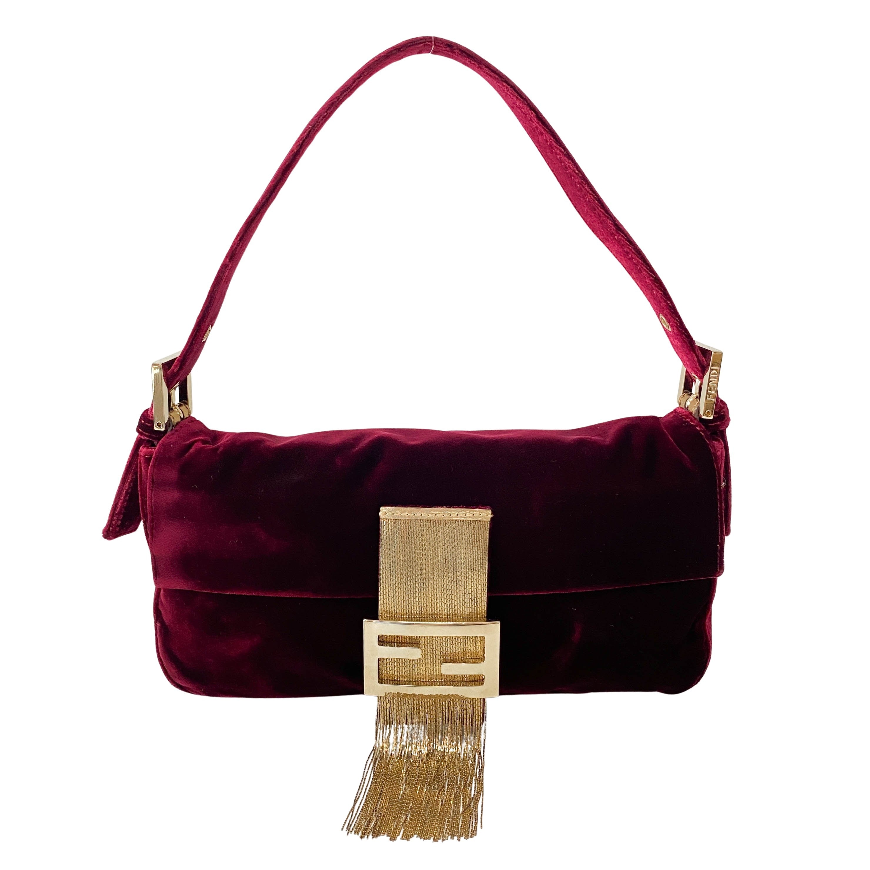 Limited Edition Baguette Burgundy Velvet Gold Fringe Shoulder Bag